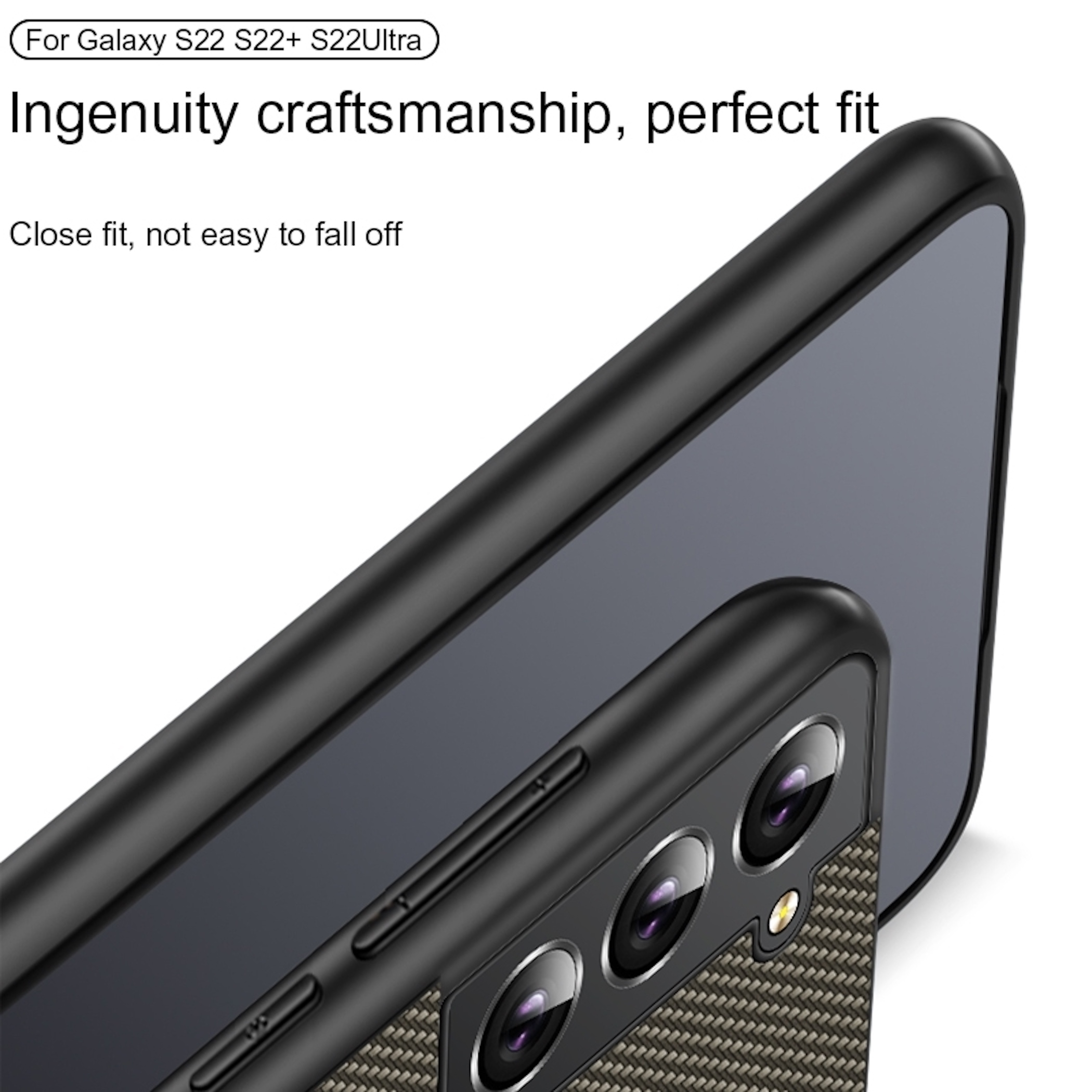Primer plano de una funda de teléfono negra con lentes de cámara y texto.