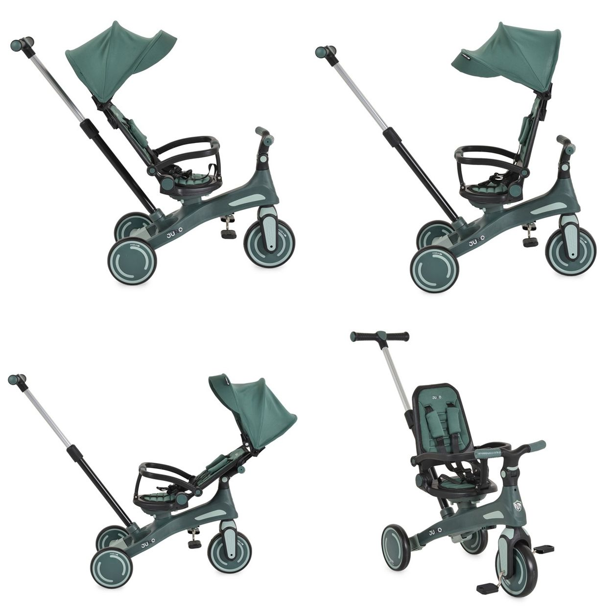 Ein grüner Dreirad-Kinderwagen mit Verdeck, Sitz und Schubstange.