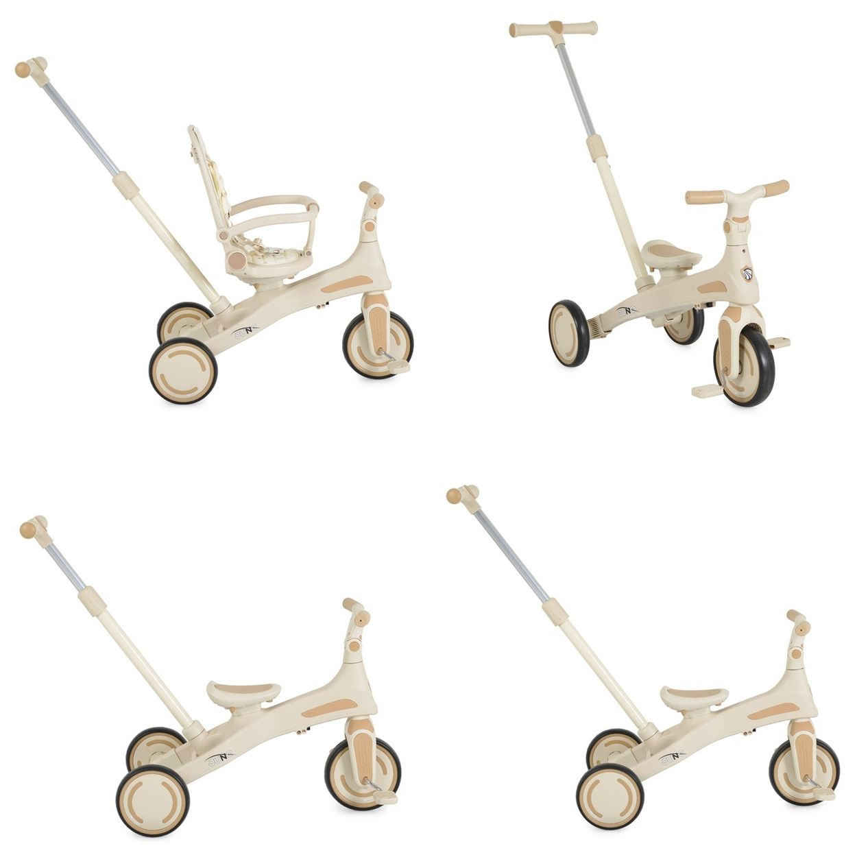 Beige Kinderdreirad mit Schiebestange und Sitz.
