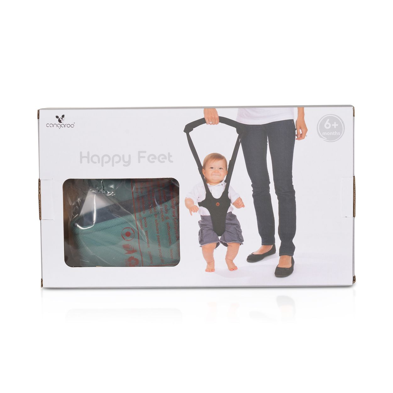 Verpackung für Baby-Laufhilfe mit Bild eines Babys und Erwachsenen.