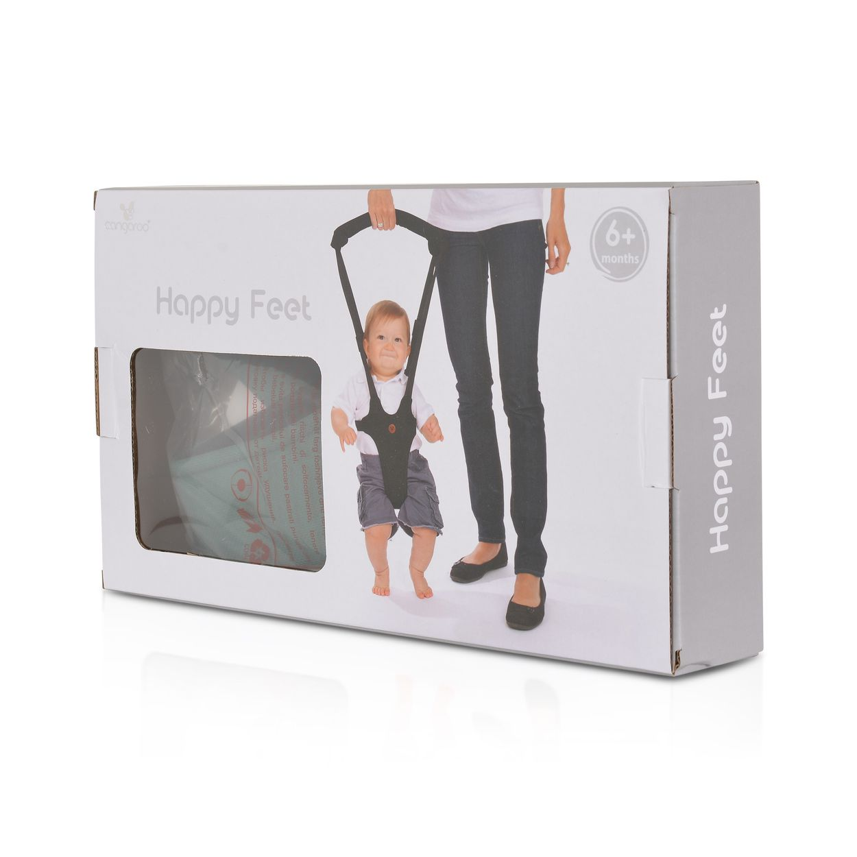 Baby in Laufhilfe auf Kartonverpackung mit Aufschrift 'Happy Feet'.