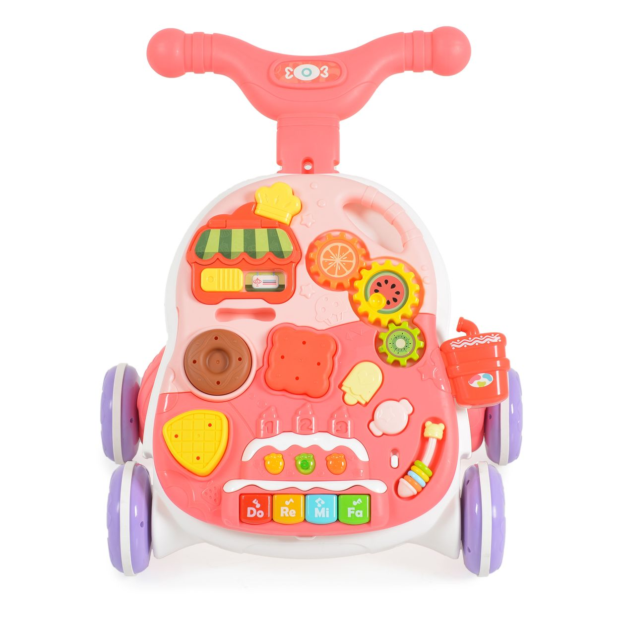 Ein rosa Lauflernwagen mit verschiedenen interaktiven Spielzeugen und Knöpfen.