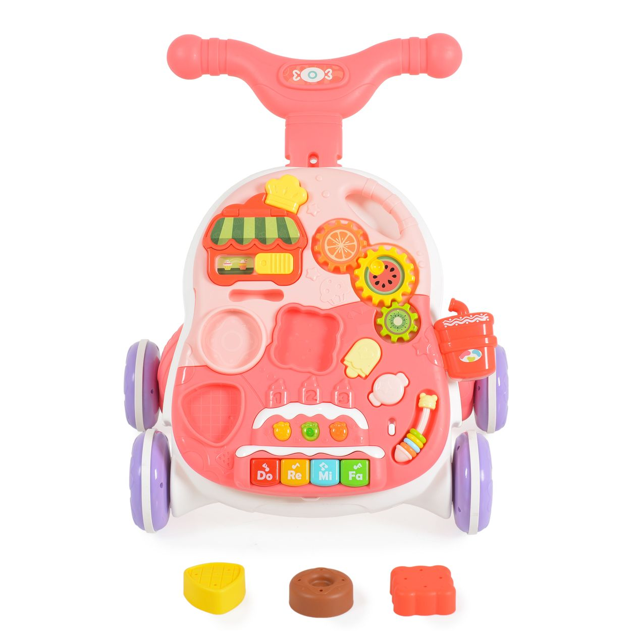 Ein rosafarbener Lauflernwagen mit Spielzeug, Rädern und Griff.