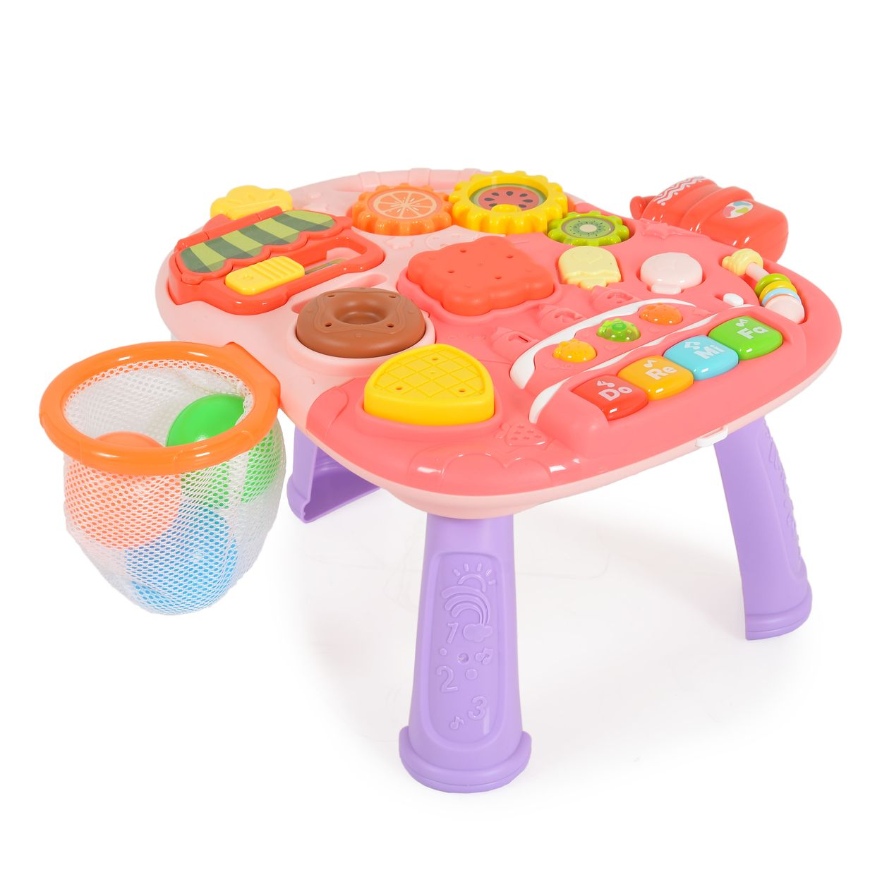 Ein rosafarbener Spieltisch mit bunten Knöpfen, Formen und einer Anhängeschale mit Bällen.