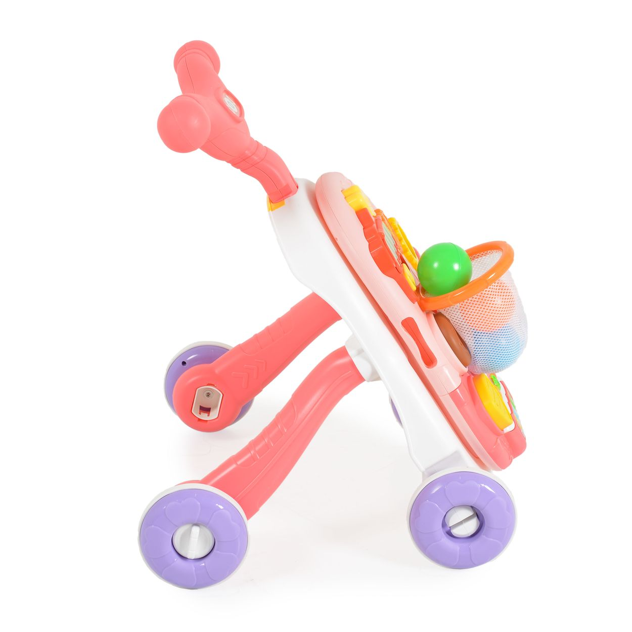 Pinker und weißer Gehwagen mit lila Rädern und einem grünen Ball im Korb.