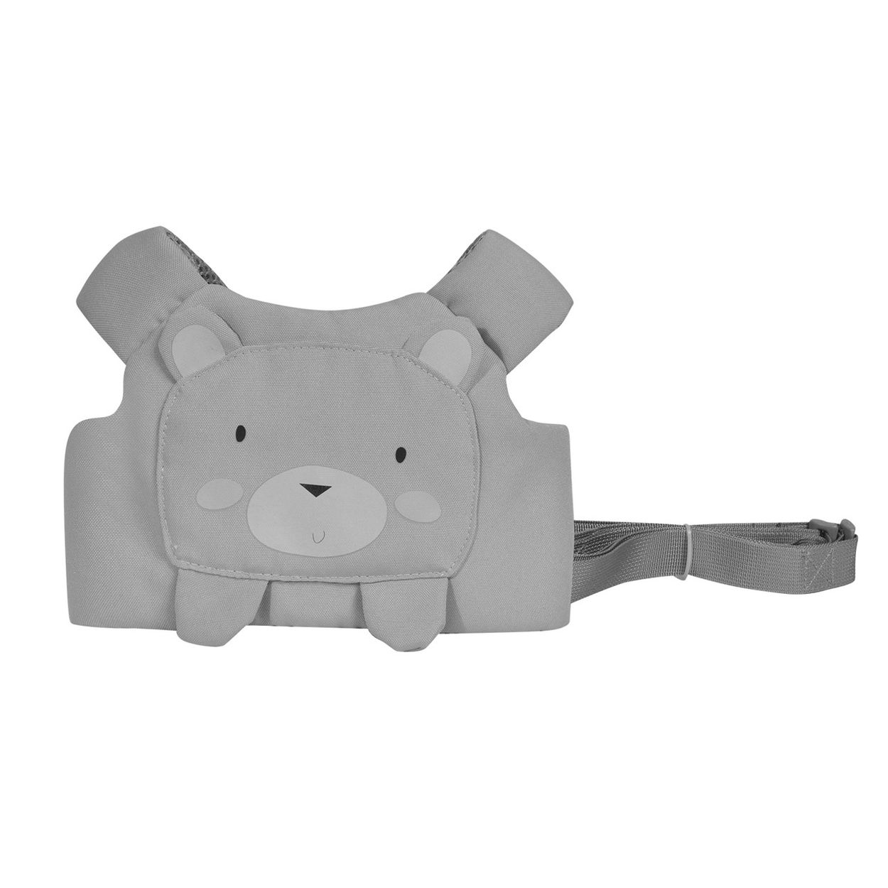 Grauer Rucksack-Gurt mit Teddy-Design.