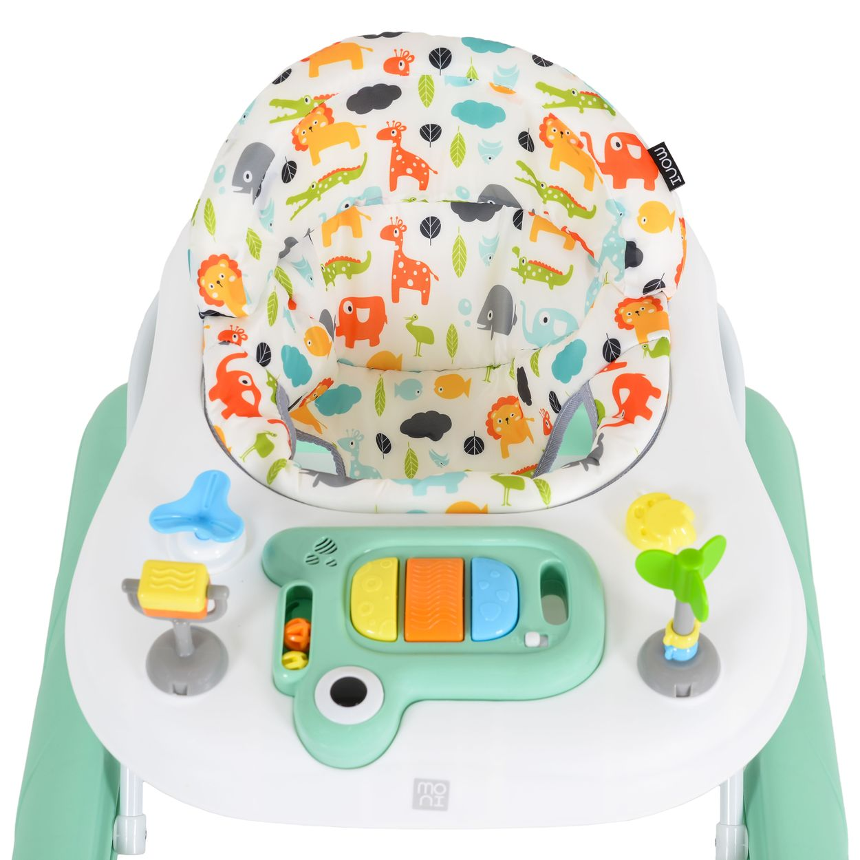 Ein Baby-Gehfrei mit Tiermotiv-Polsterung und Spielzeug-Tablett.