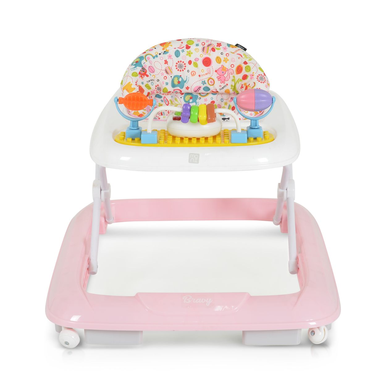 Ein pinker Baby-Gehfrei mit Spielzeug: Klavier, drehender Fisch, Spiegel.