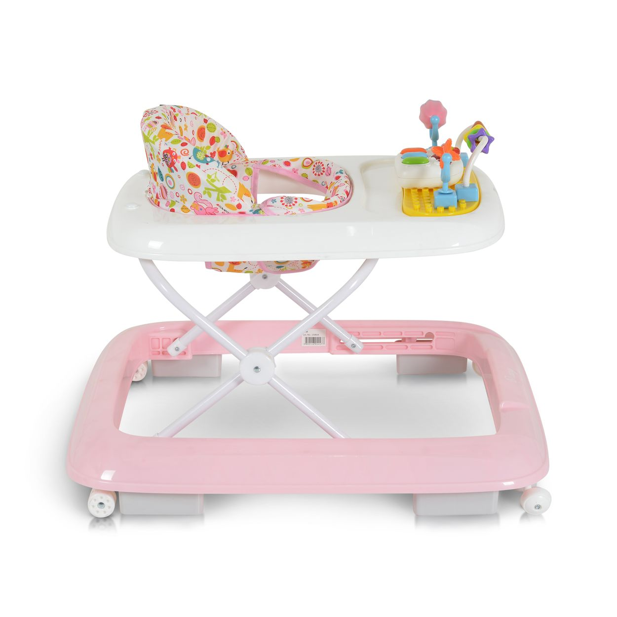 Ein rosa Baby-Gehfrei mit weißem Spielbrett und bunten Spielsachen.