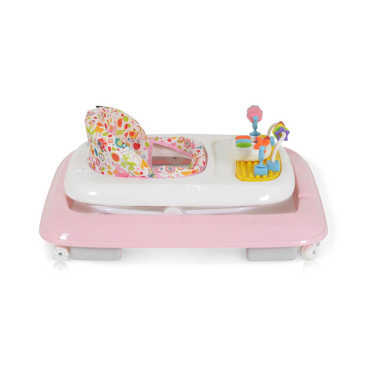 Ein rosafarbener Baby-Gehwagen mit bunten Spielzeugen und einem gemusterten Sitz.