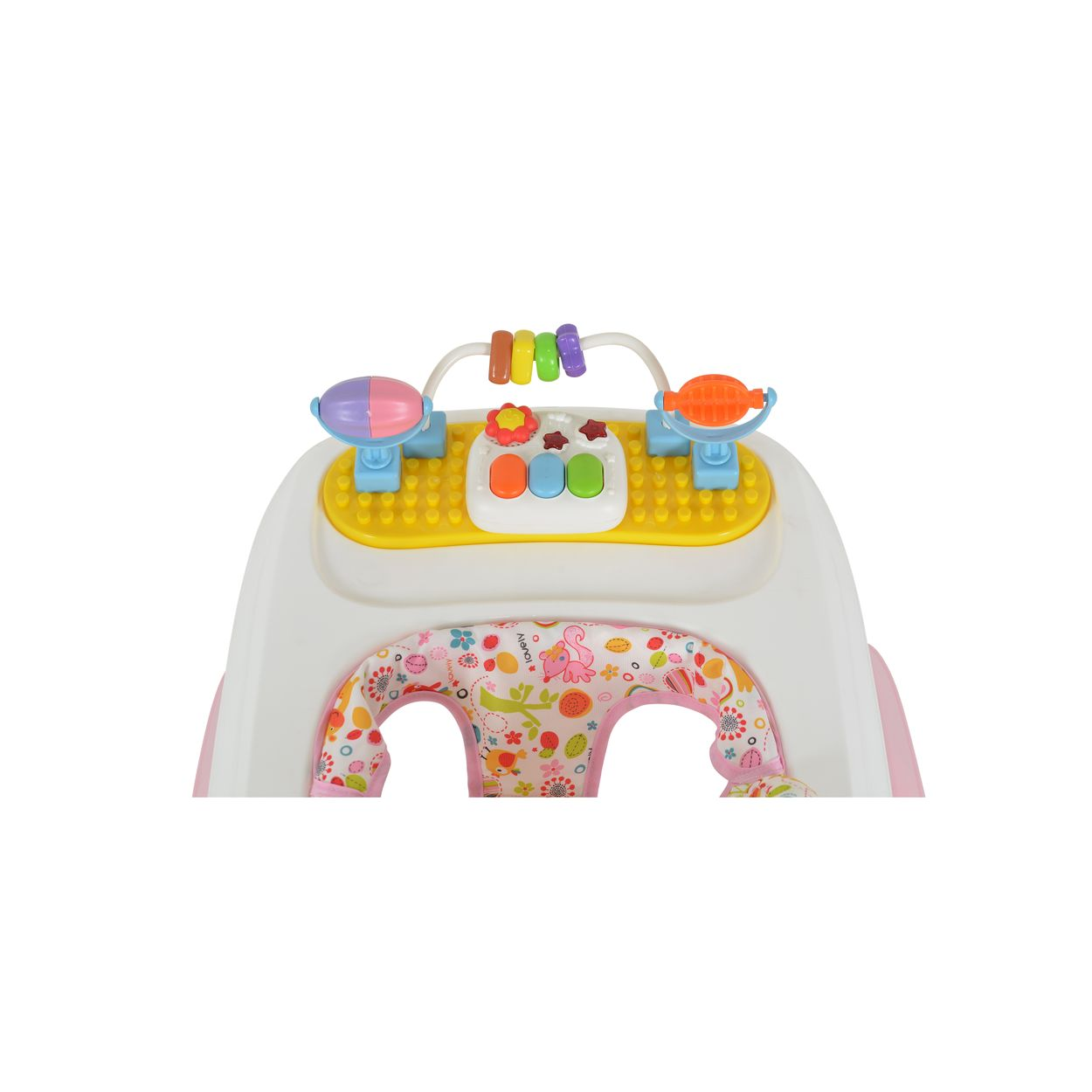 Baby Lauflernhilfe mit bunten Spielzeugen und bunten Mustern.