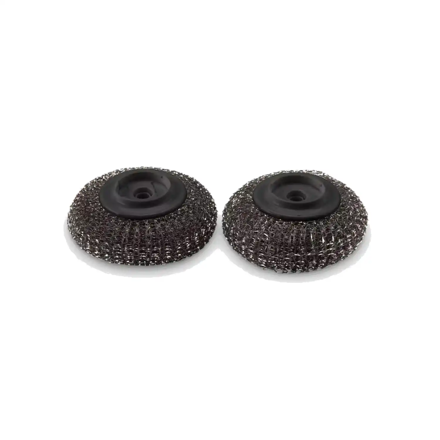 Dos cepillos redondos de alambre con centros negros sobre fondo blanco.