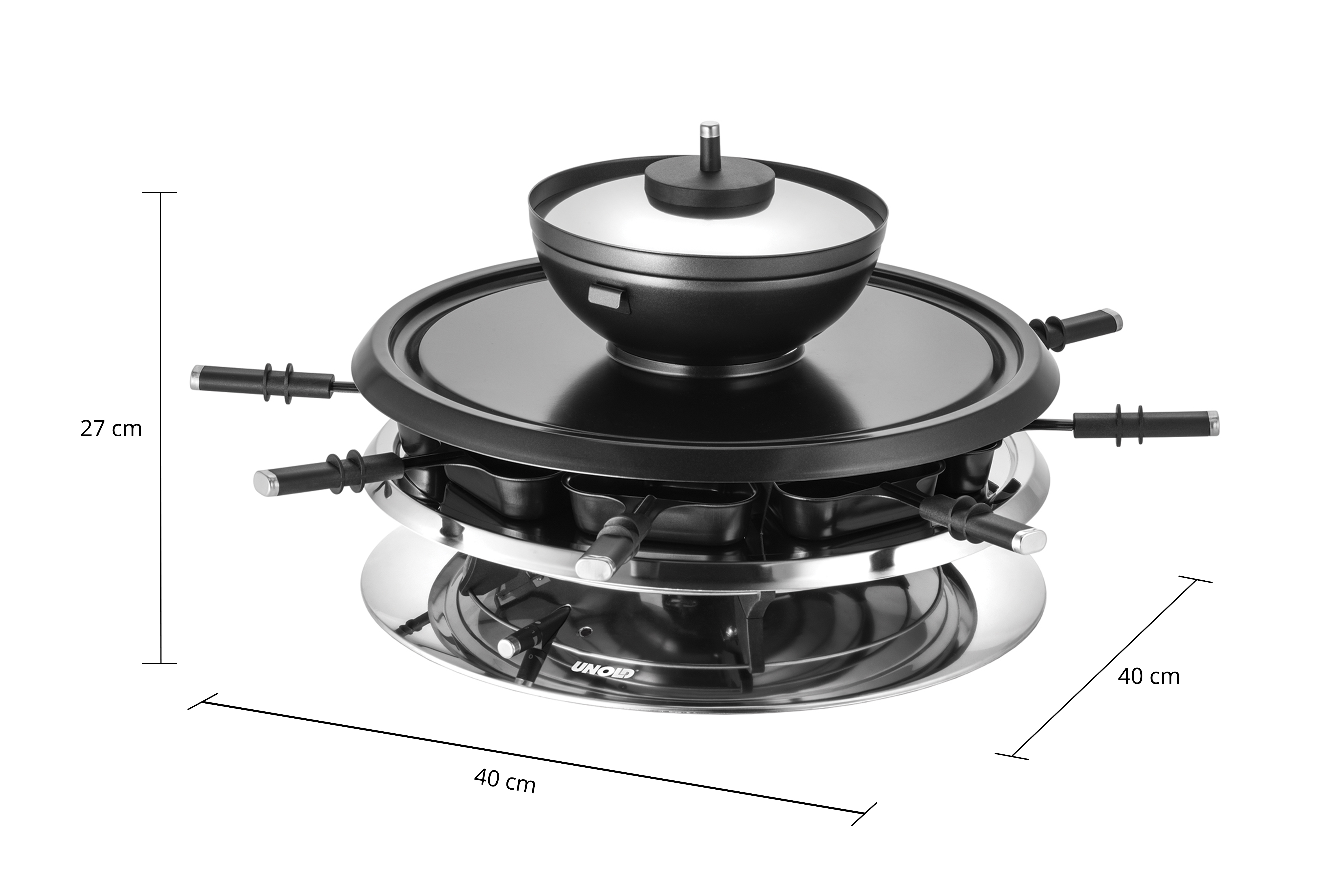 Ein schwarzer Raclette-Grill mit 8 Pfännchen und einem Topf mit Deckel.