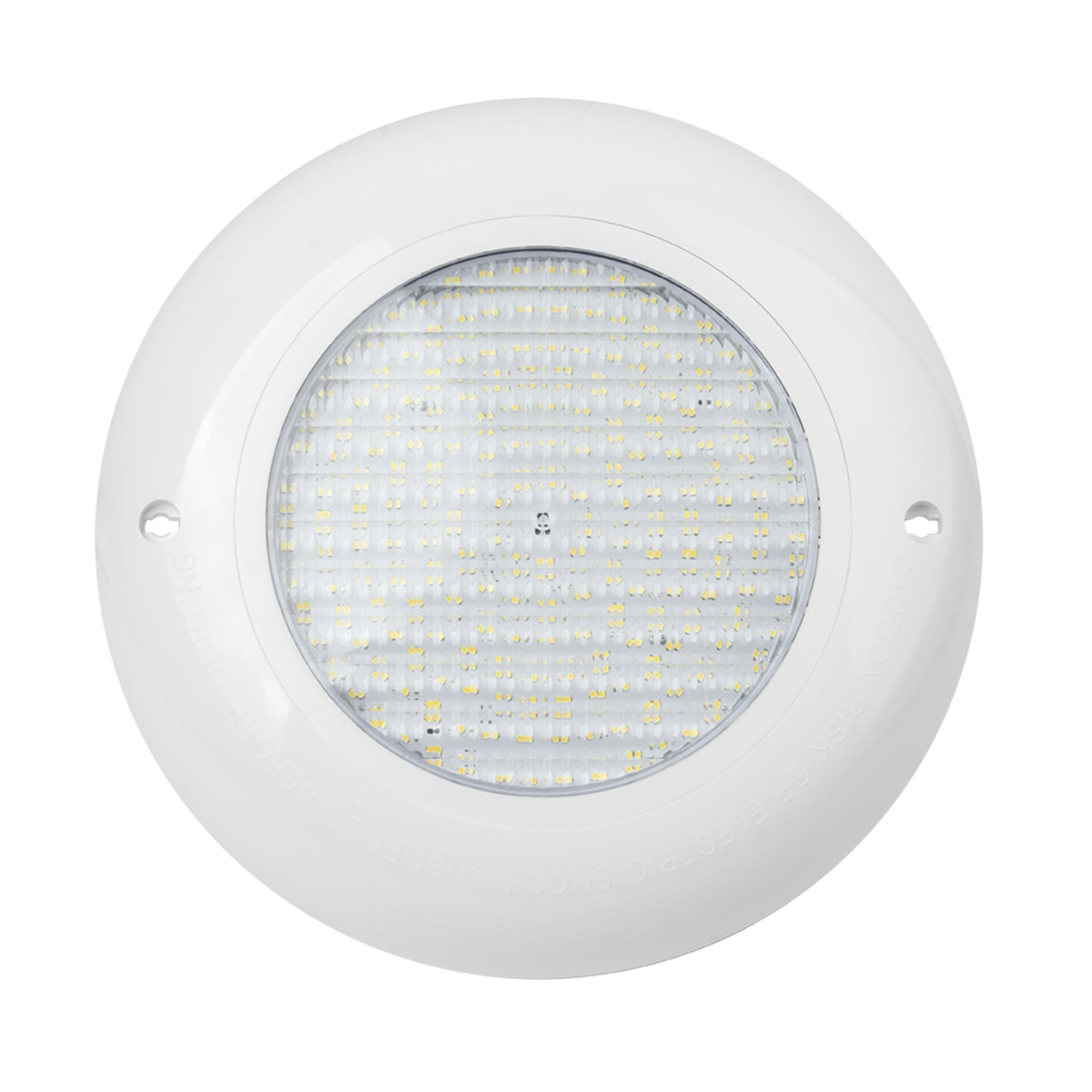 Luz blanca para piscina con muchos LEDs y texto de advertencia.
