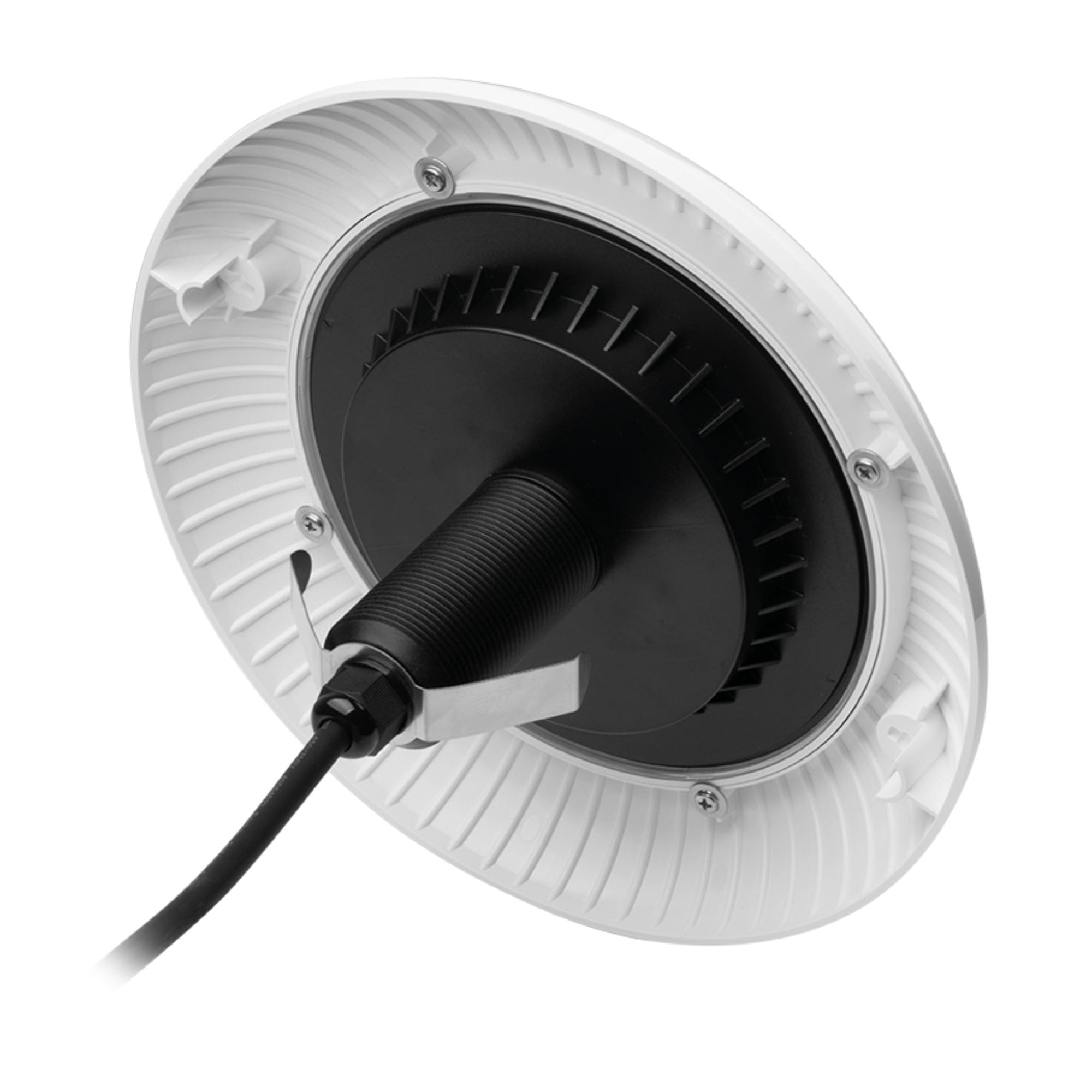 Parte inferior de lámpara blanca con cable negro y aletas de refrigeración.