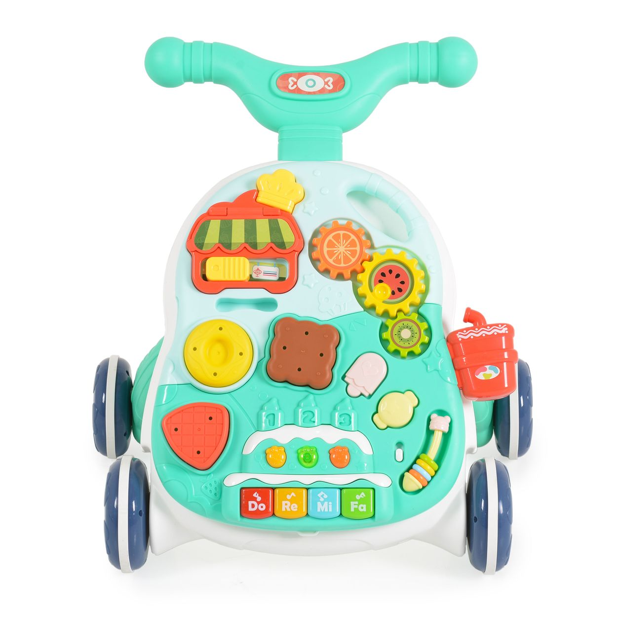 Ein türkisfarbener Lauflernwagen mit bunten Spielzeugteilen, Rädern und einem Griff.