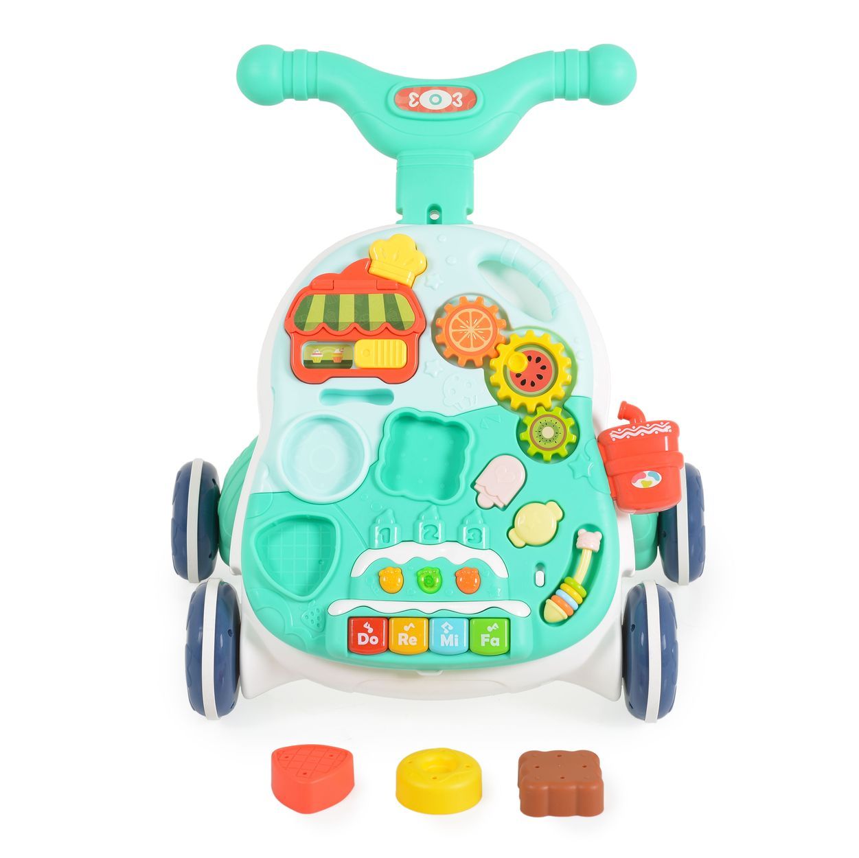 Ein mintgrüner Baby-Lauflernwagen mit bunten Spielzeugen, Zahnrädern und einer Tastatur.