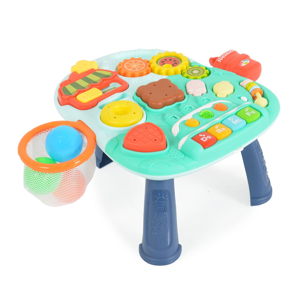 Bunter Spieltisch mit Zahnrädern, Formen und Tasten, mit Ballkorb.