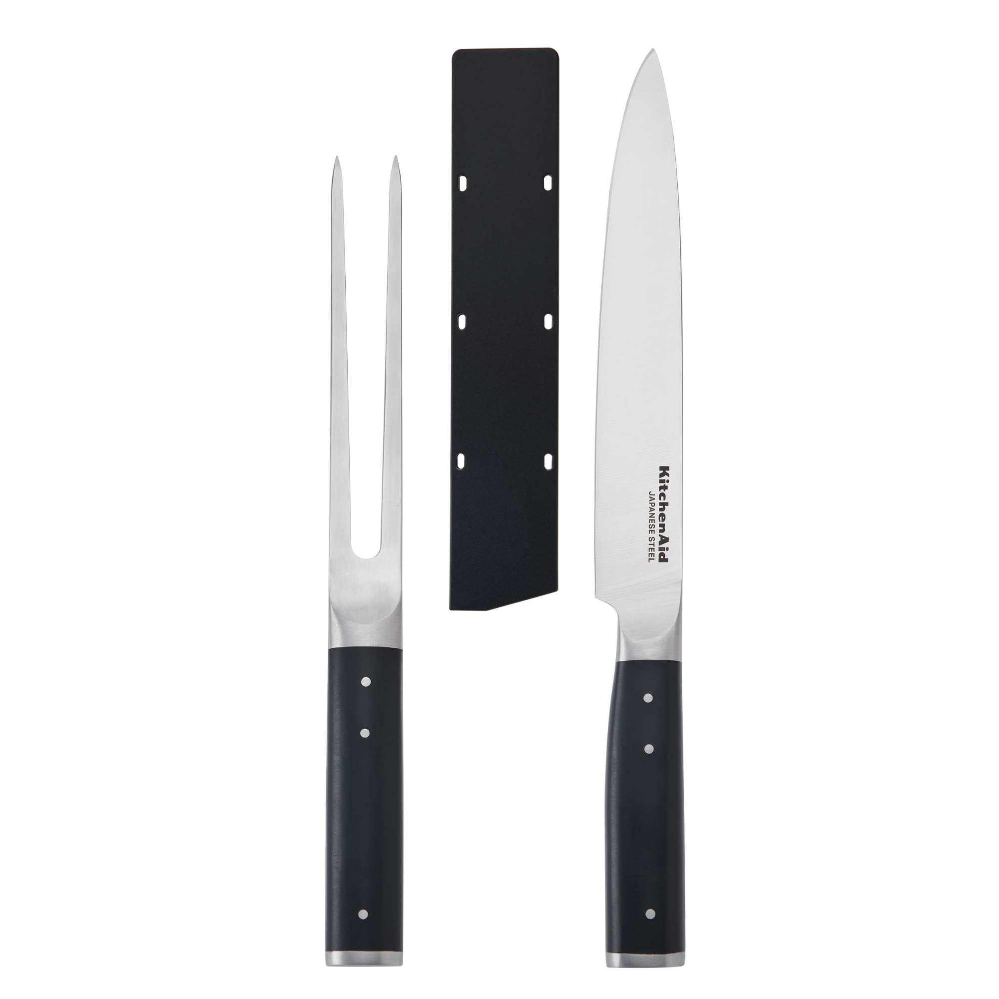 Ein Fleischgabel, ein schwarzes Montagesystem und ein Kochmesser.