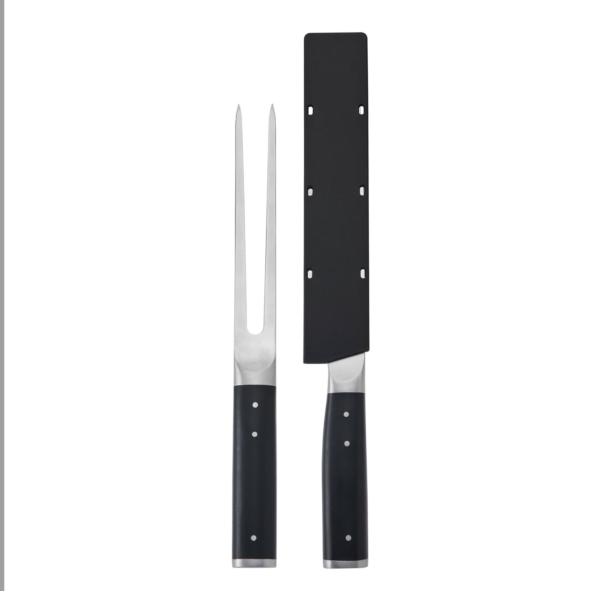 Ein Fleischgabel und ein Messer mit schwarzem Griff und schwarzer Hülle.