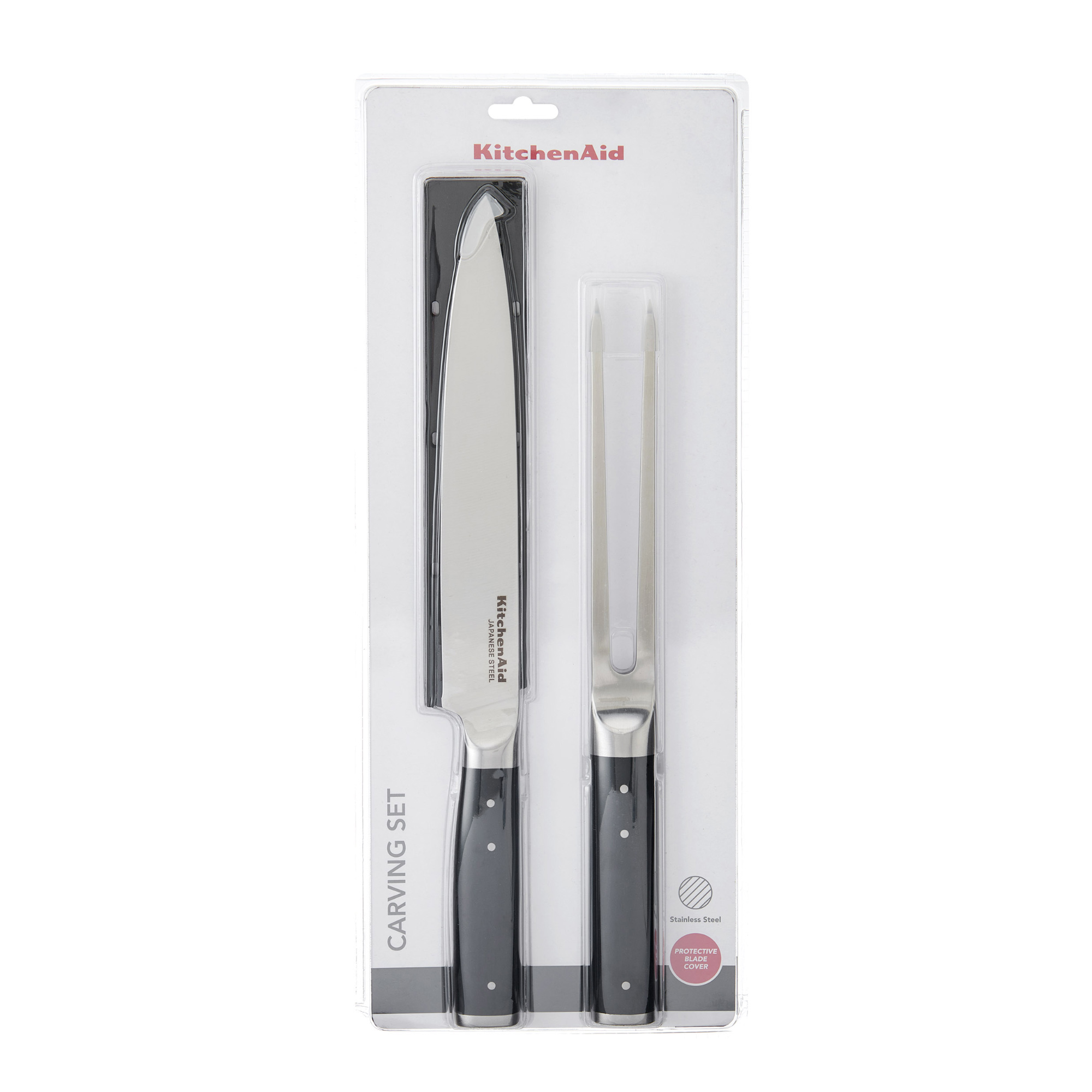 KitchenAid Carving Set: Messer und Fleischgabel mit schwarzen Griffen in Blisterverpackung.