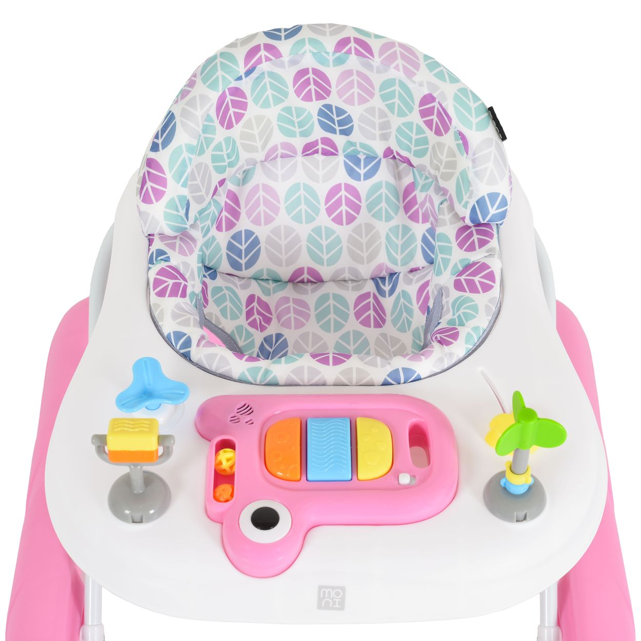 Ein rosafarbener Baby-Gehwagen mit bunten Blattmustern und Spielzeug.