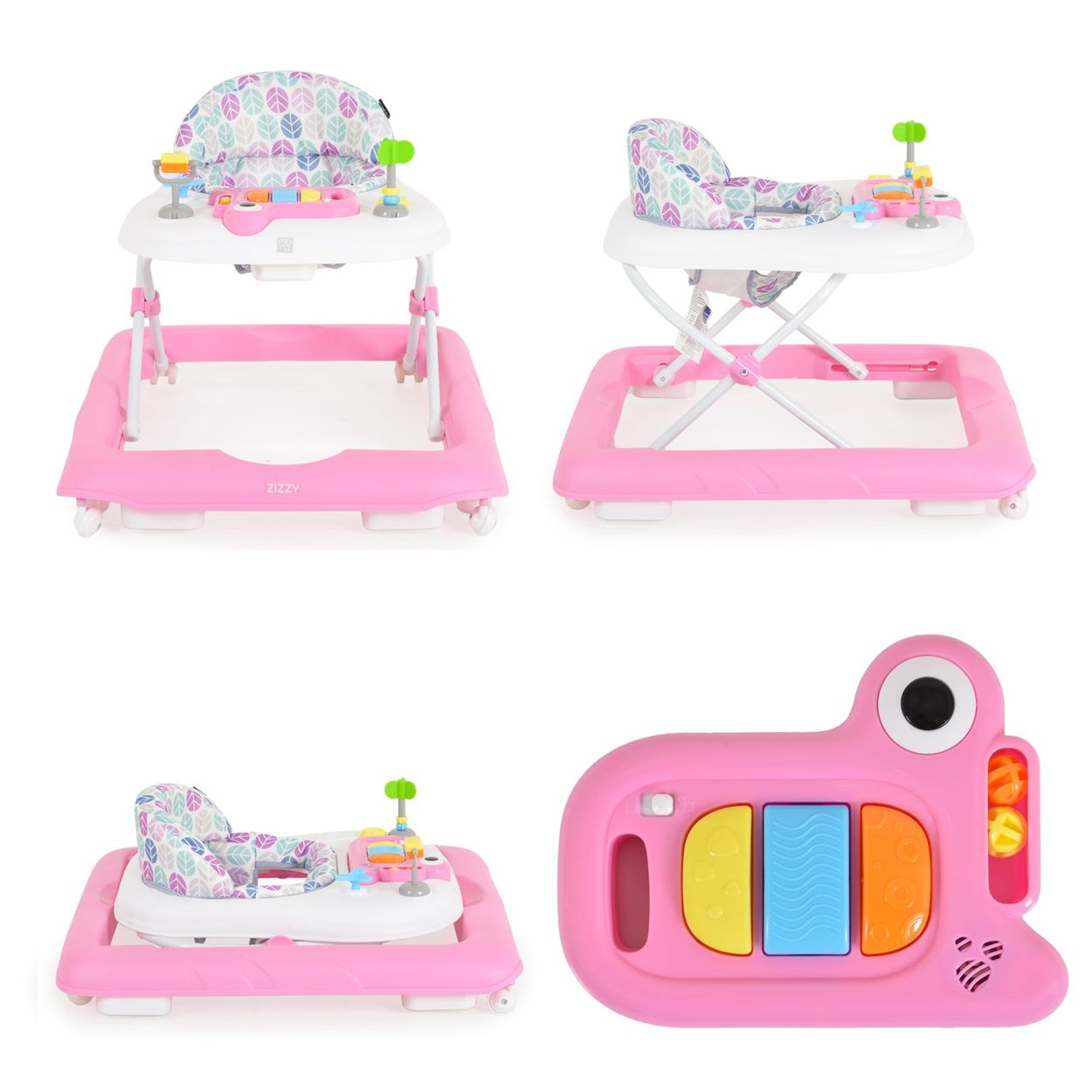 Ein rosa Baby-Gehfrei mit Sitz und Spielzeug, daneben ein rosa Frosch-Spielzeug.