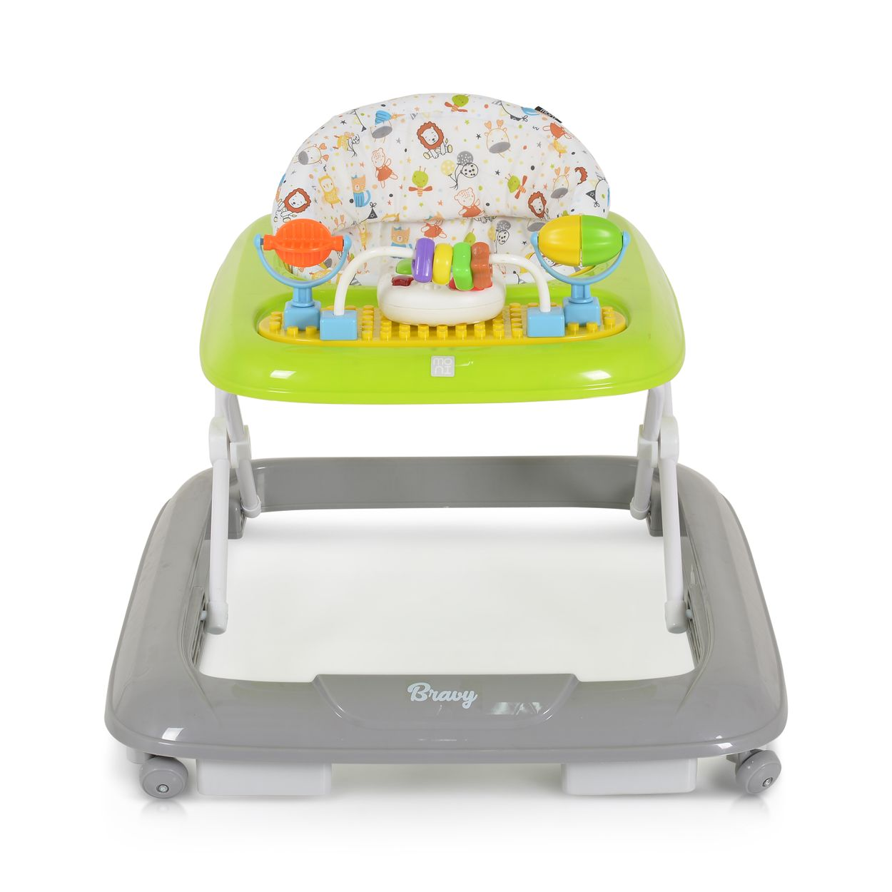 Ein bunter Babylaufstall mit Spielzeug und einer Sitzfläche, auf weißem Hintergrund.