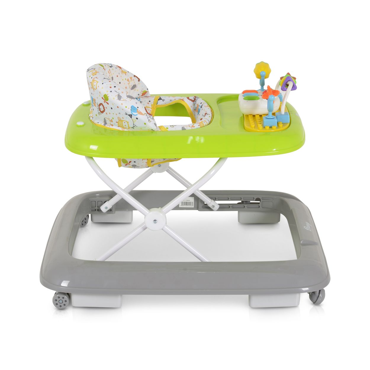 Ein Babylaufstall mit grünem Tablett, Spielzeug und Sitz.