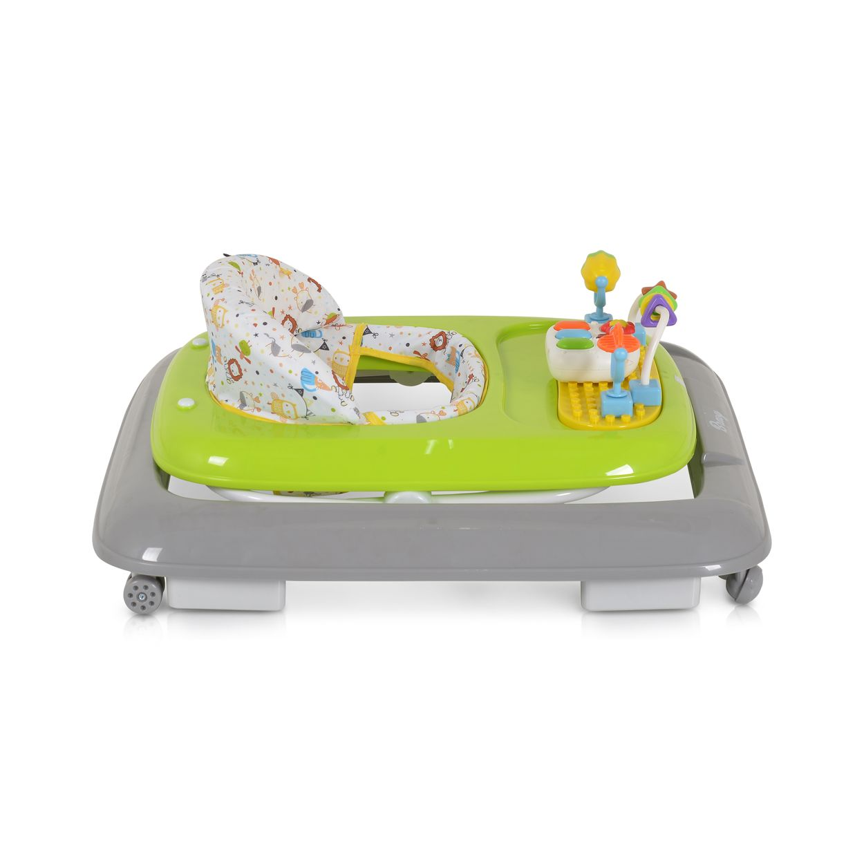 Ein bunter Babywalker mit Spielzeug und Tiermotiven.
