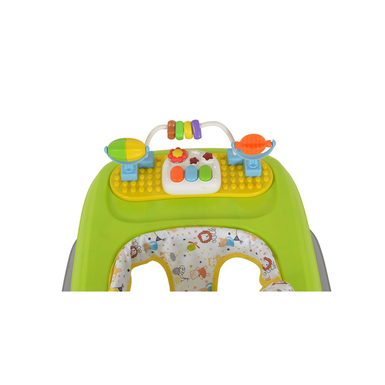 Ein grüner Baby-Gehfrei mit Spielzeug: Tasten, Ringe, ein Lenkrad.