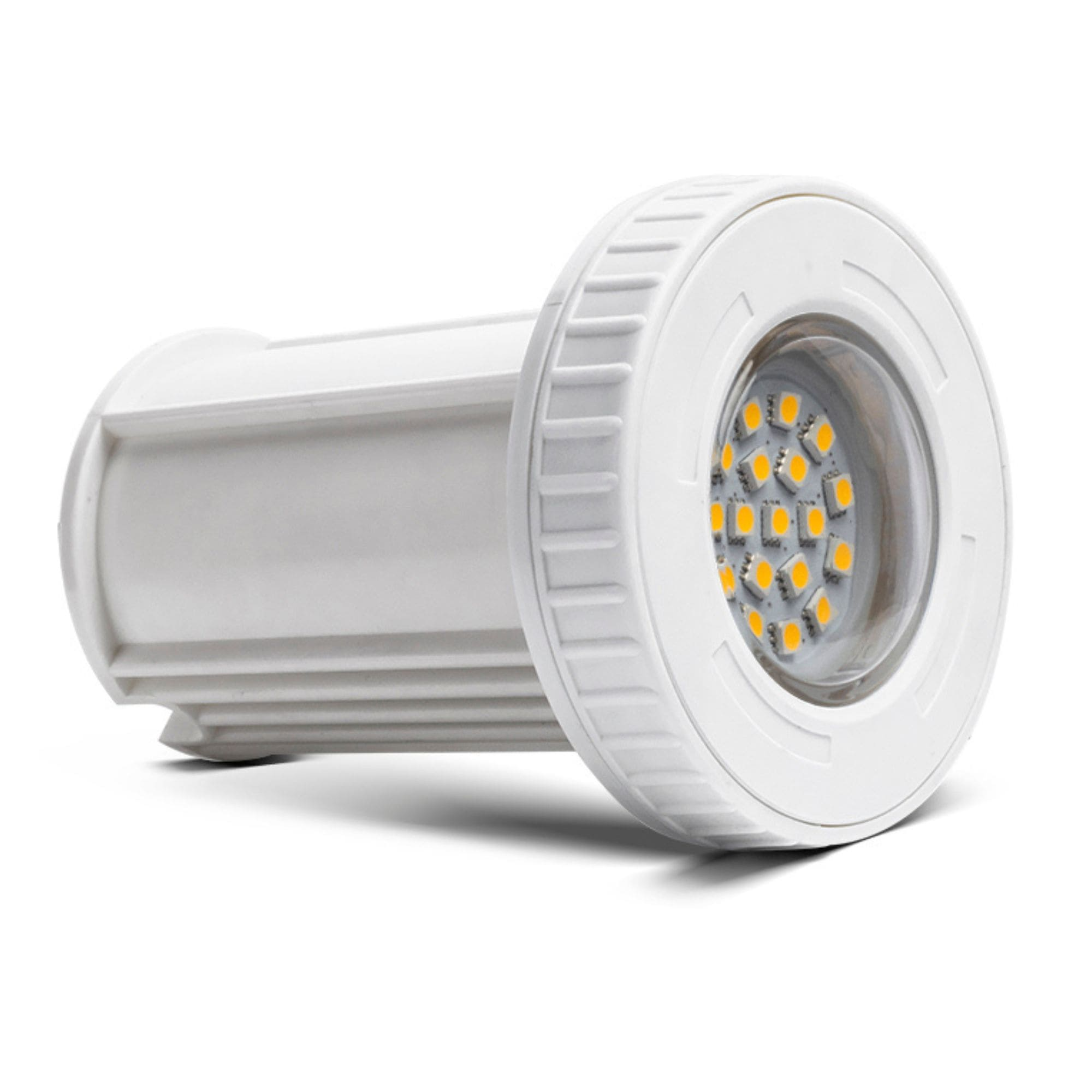 Un foco LED blanco con LEDs amarillos y carcasa acanalada.