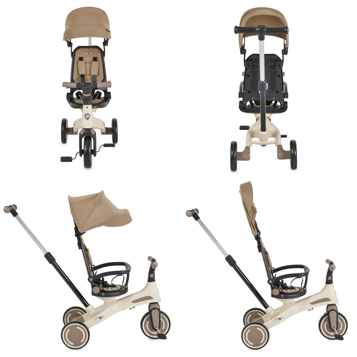 Ein beiger Kinderdreirad mit Verdeck, Sitz und Schubstange.