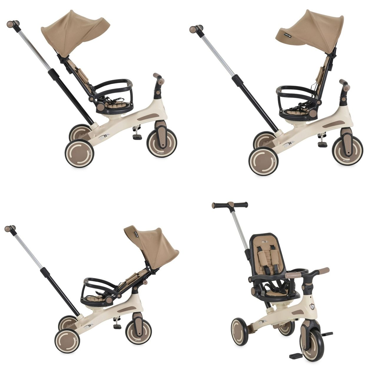 Ein beiger Dreirad-Kinderwagen mit Verdeck, Sitz und Schubstange.