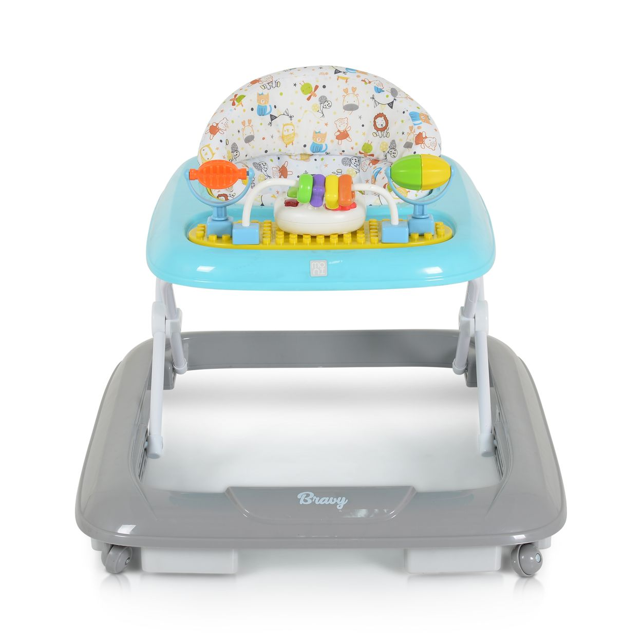 Ein blauer Baby-Gehwagen mit Spielzeug und bunten Tasten.