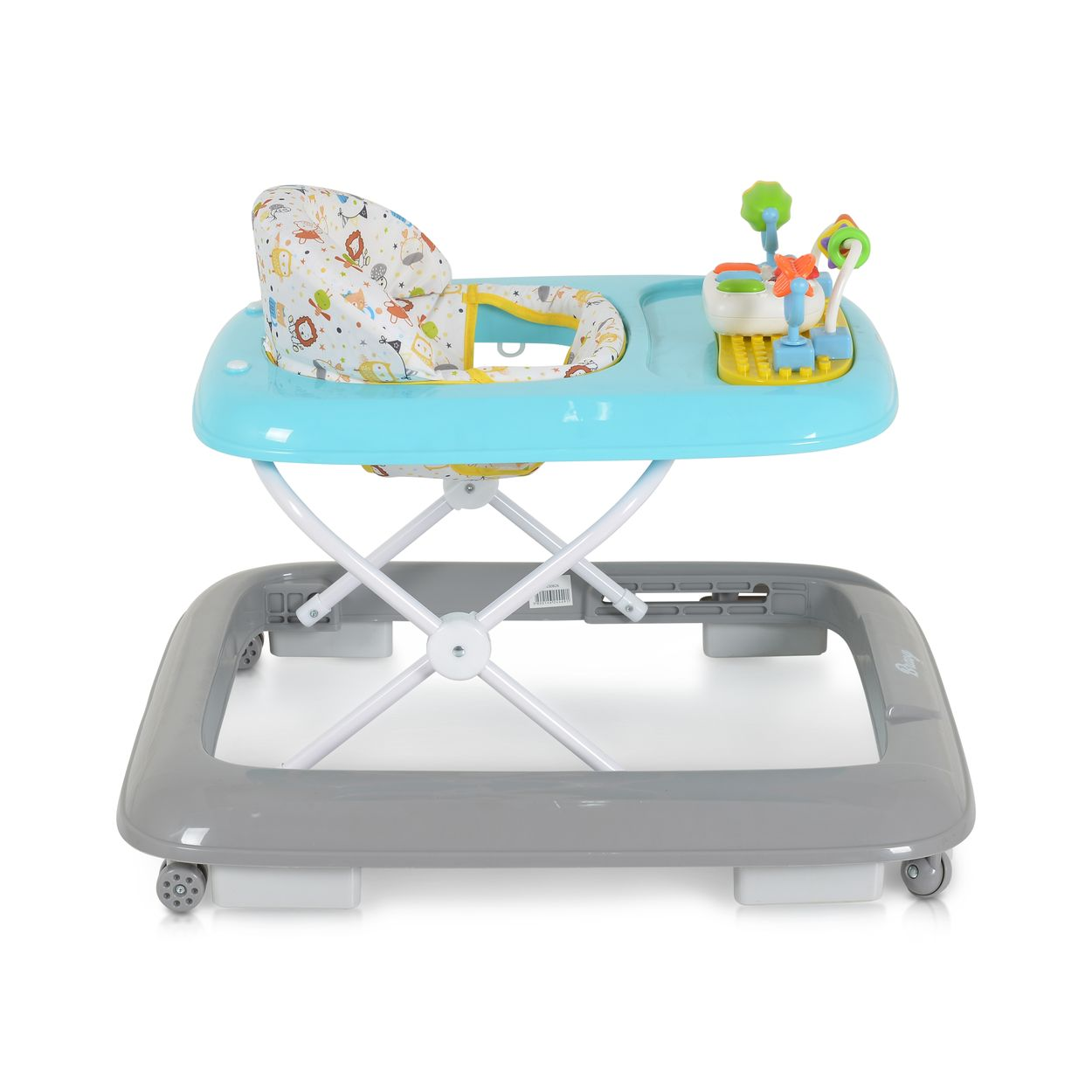 Ein blauer Kinderhochstuhl mit Spielzeug auf der Ablage und Tiermotiven.