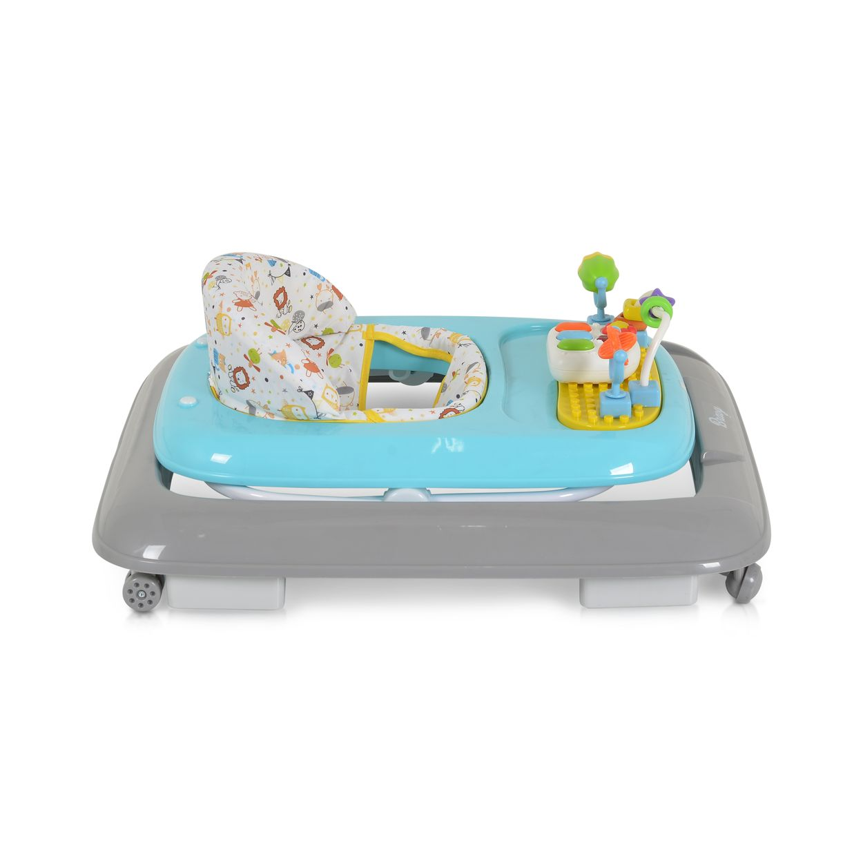Ein blauer und grauer Baby-Gehwagen mit Spielzeug und bunten Tiermotiven.