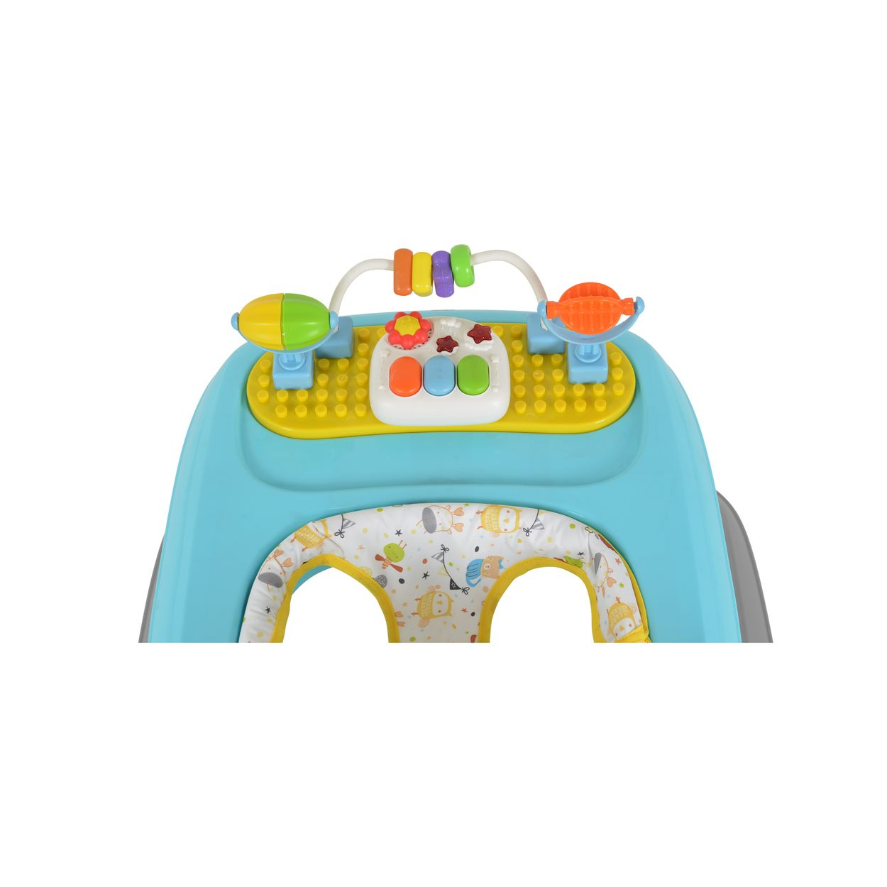 Blauer Baby-Lauflernwagen mit Spielzeug-Armaturenbrett mit bunten Knöpfen und Figuren.