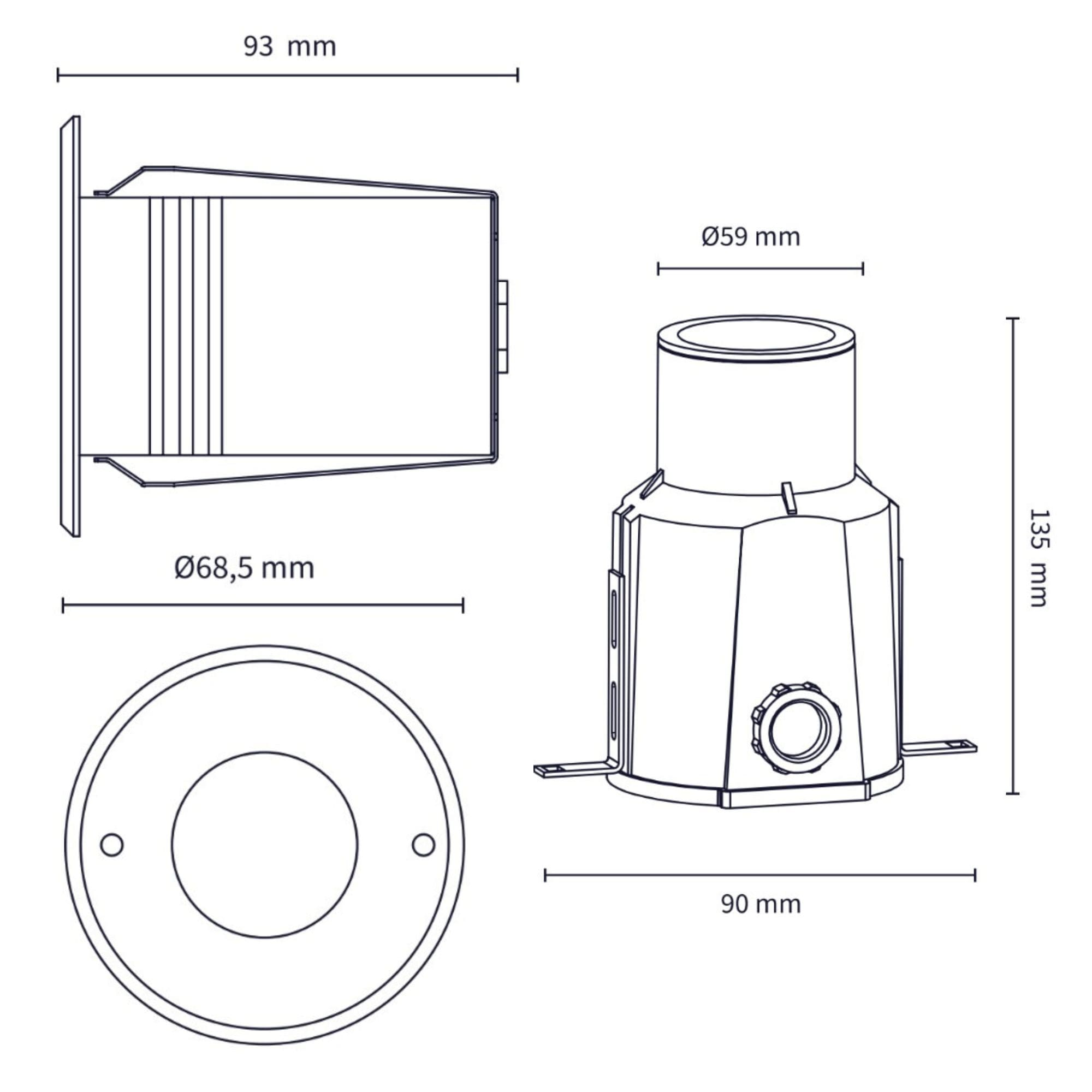 Dibujo técnico de un foco empotrable con dimensiones.