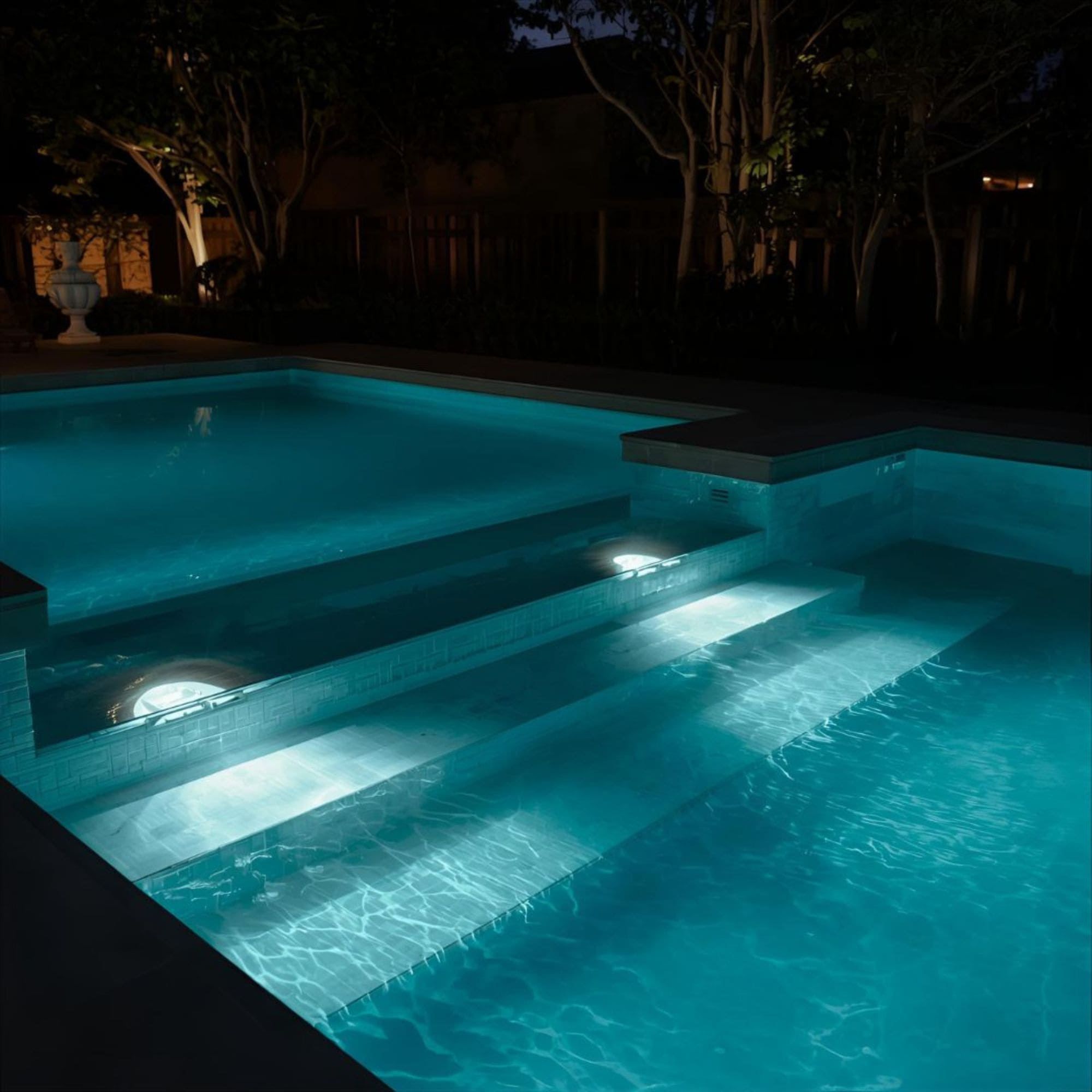 Una piscina iluminada con escalones por la noche, rodeada de árboles oscuros.
