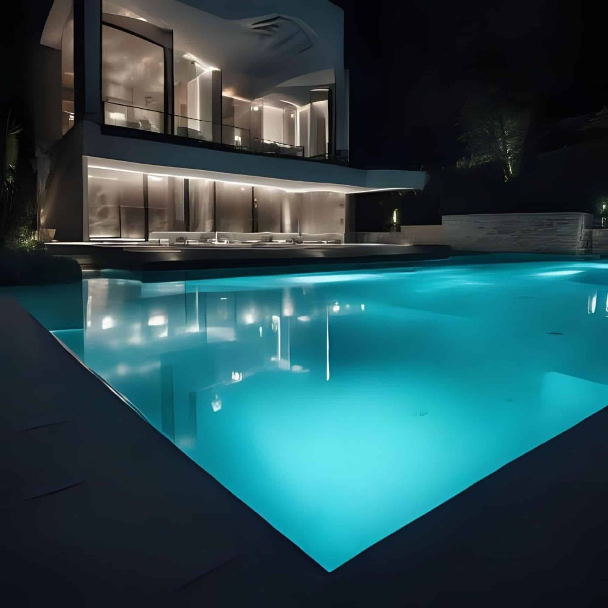 Una villa moderna con piscina de noche, iluminada y reflejante.