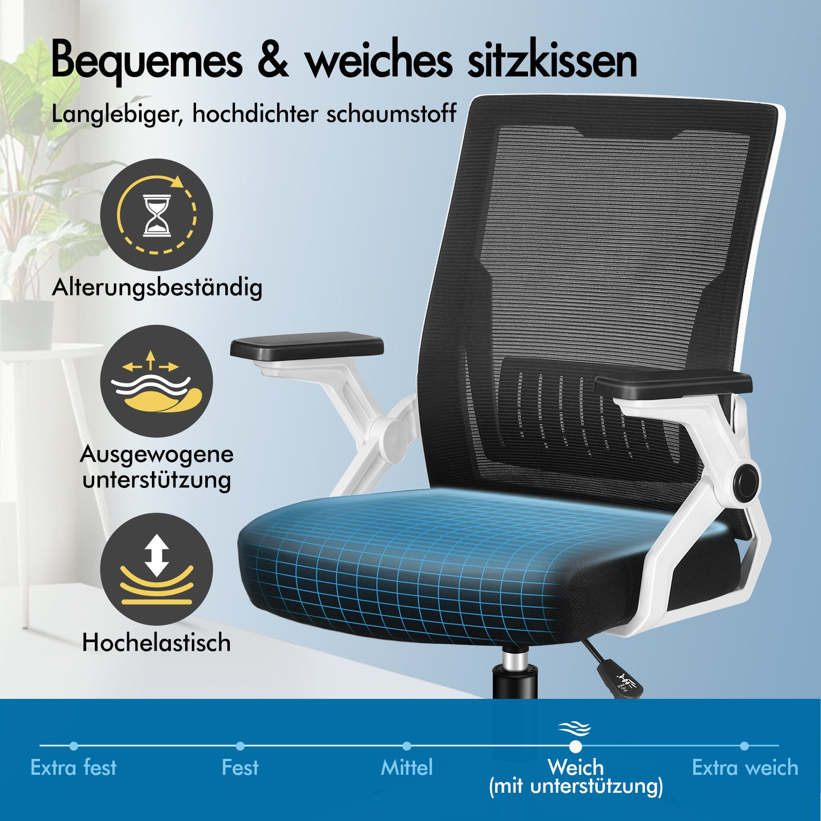 Ein Bürostuhl mit Netzrückenlehne und gepolsterter Sitzfläche. Icons zeigen Langlebigkeit, Unterstützung und Elastizität.