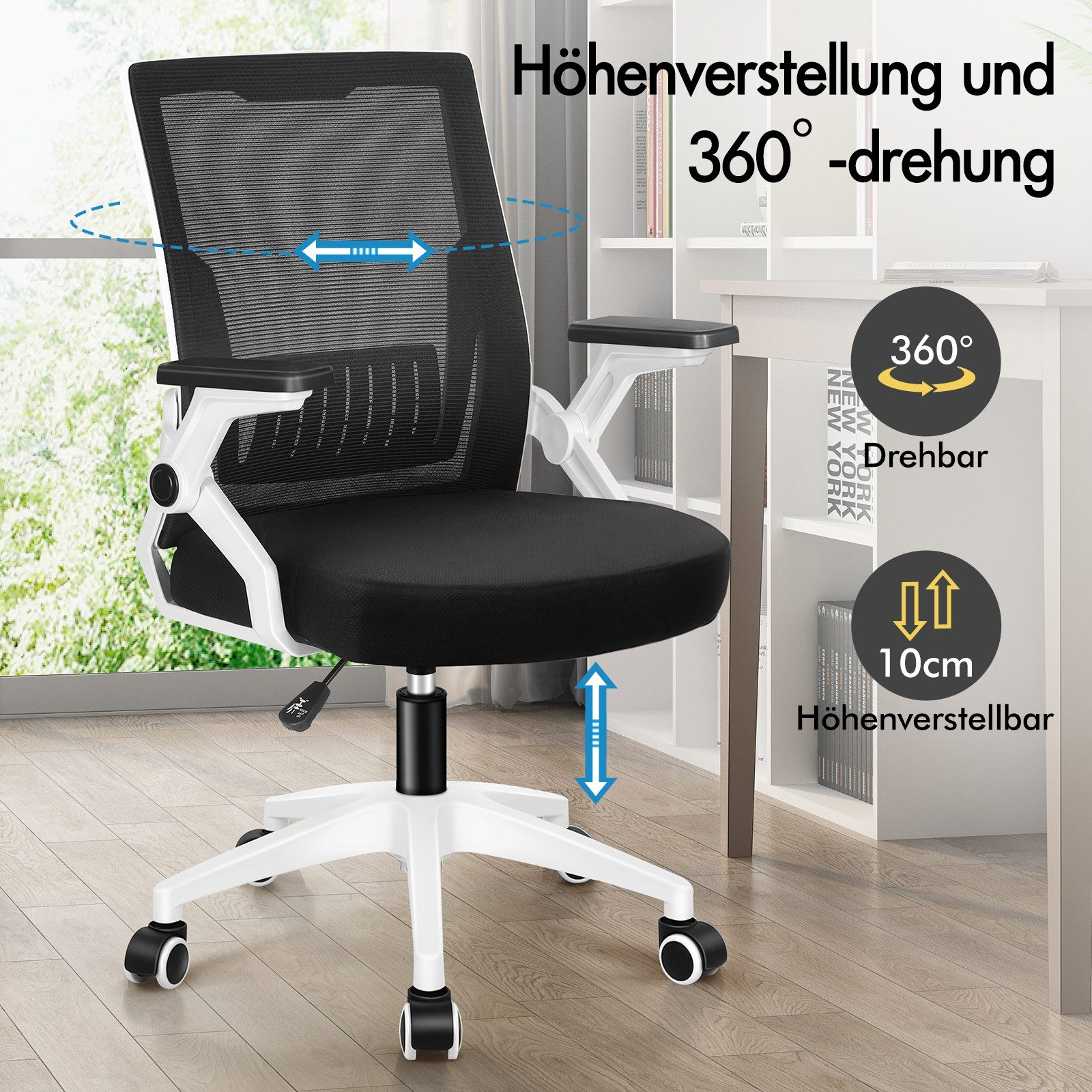 Schwarzer Bürostuhl mit weißem Gestell, höhenverstellbar und 360° drehbar.