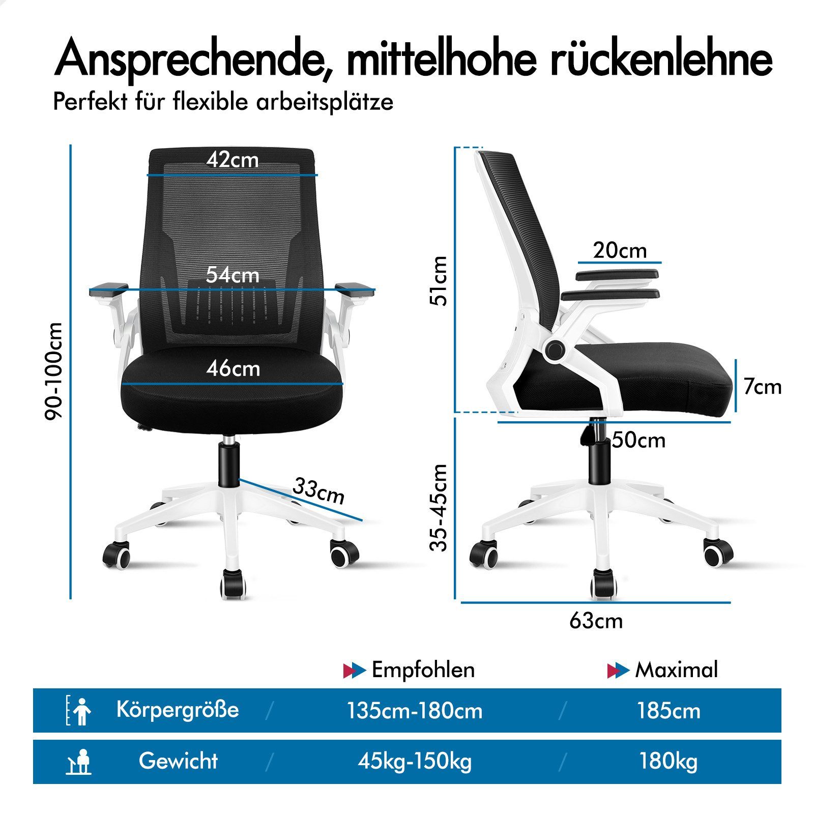 Bürostuhl mit Netzrücken, Maße & Gewichtsangaben.