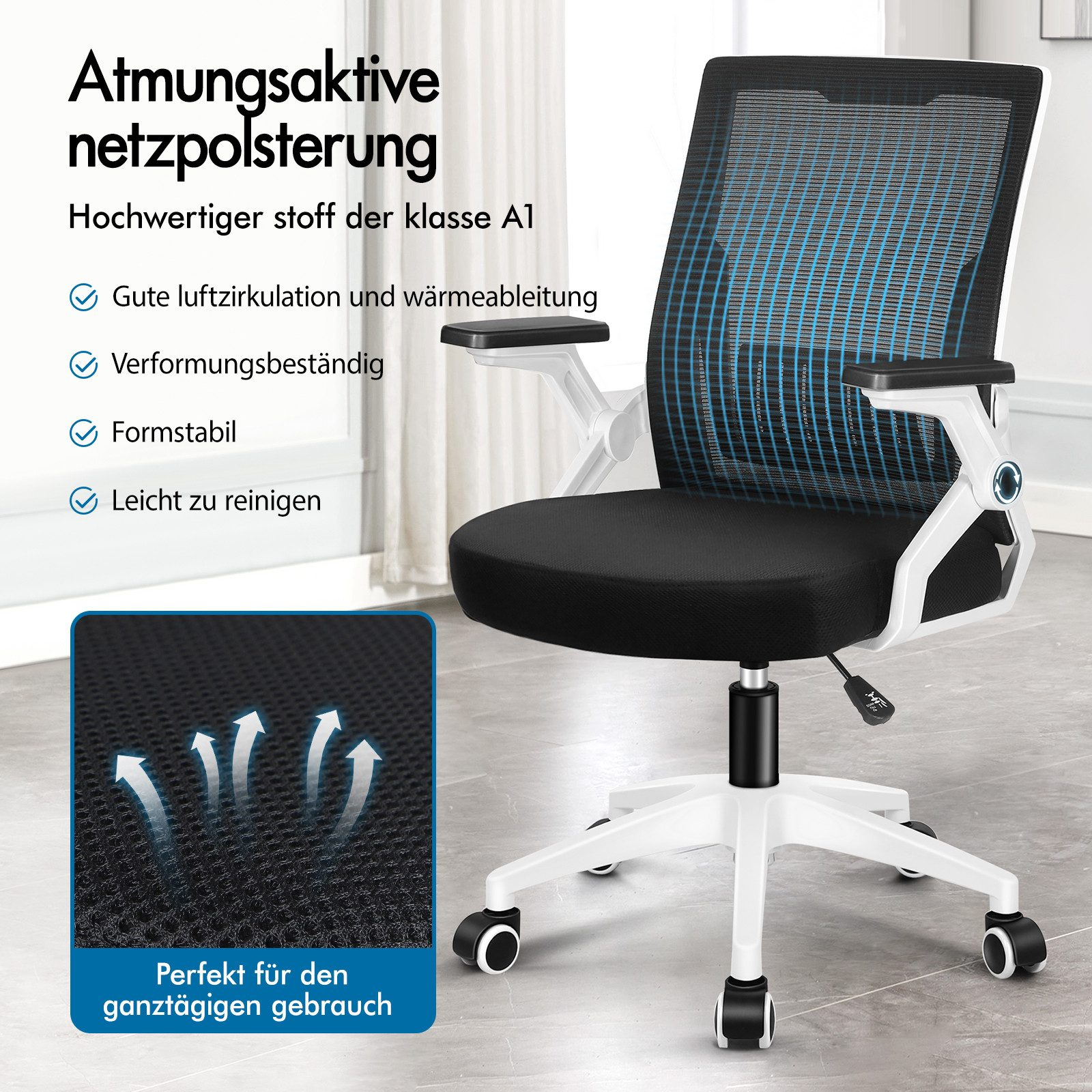 Schwarzer Bürostuhl mit atmungsaktiver Netzpolsterung und weißem Gestell.