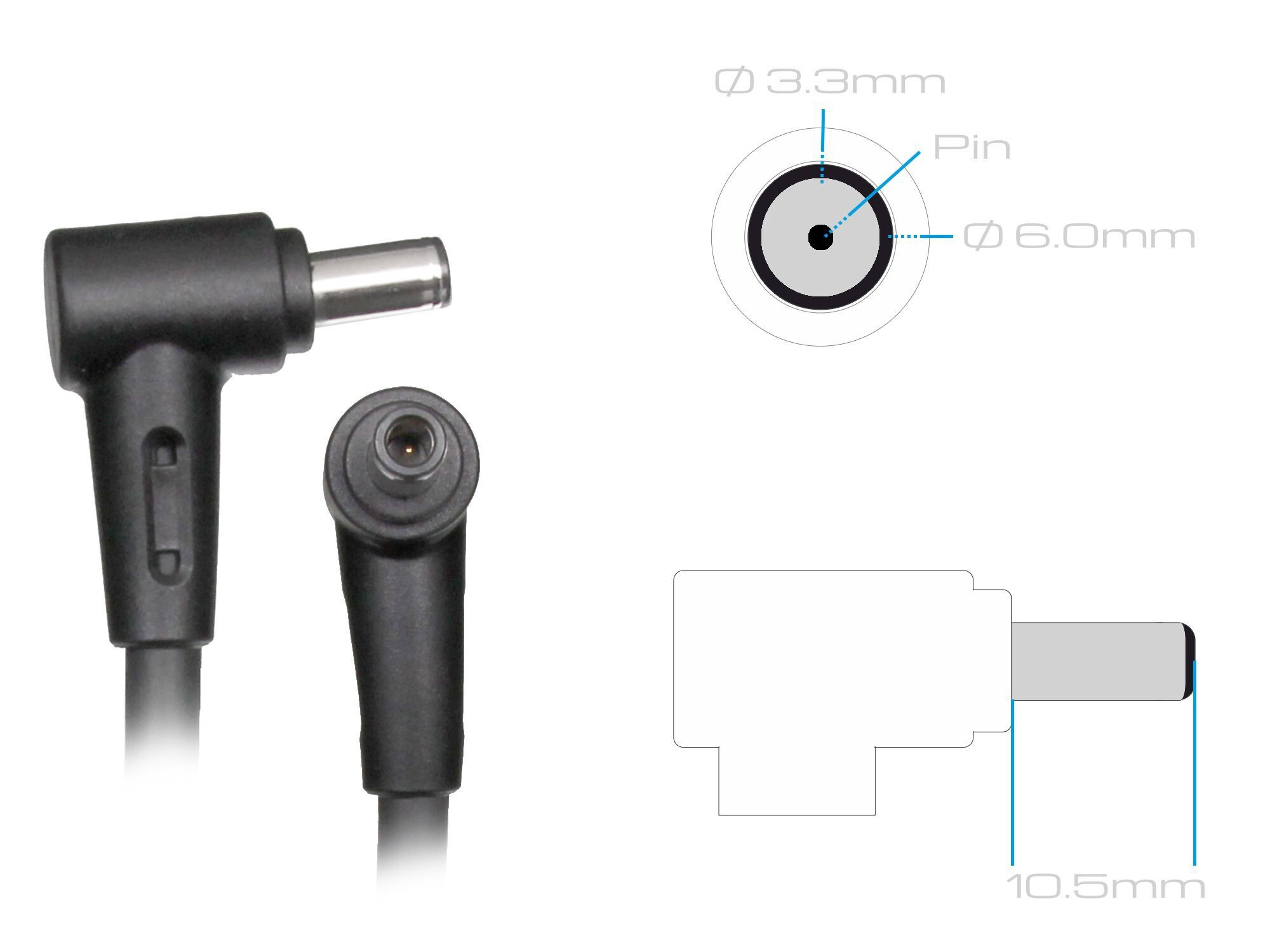Zwei schwarze Stecker mit Metallspitzen und schematische Darstellungen mit Maßen.