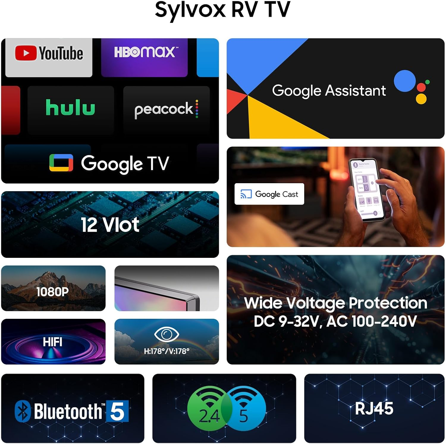 Sylvox RV TV mit Apps, Google Assistant, 1080p, HIFI, Bluetooth 5, RJ45.