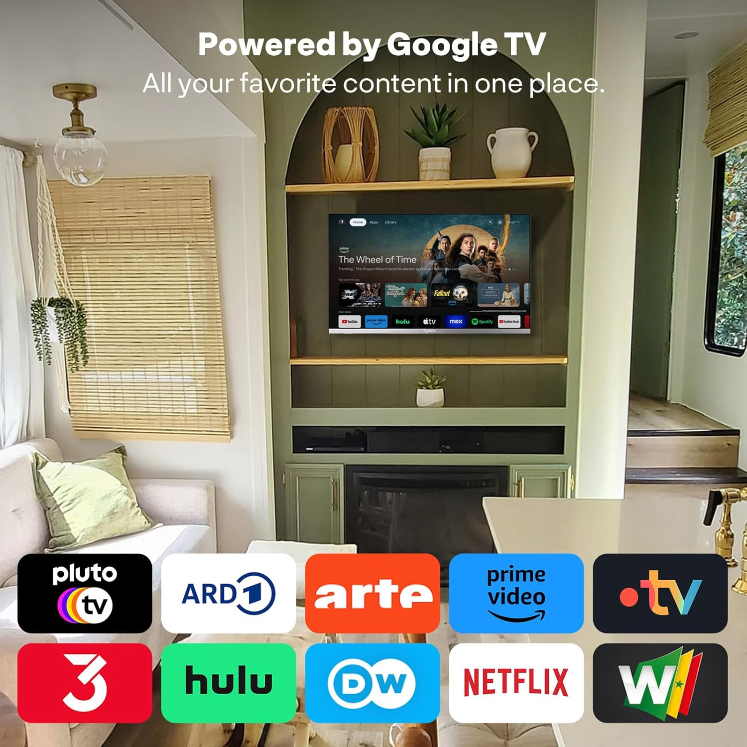 Ein Wohnzimmer mit einem Fernseher, der Google TV zeigt, und App-Logos.