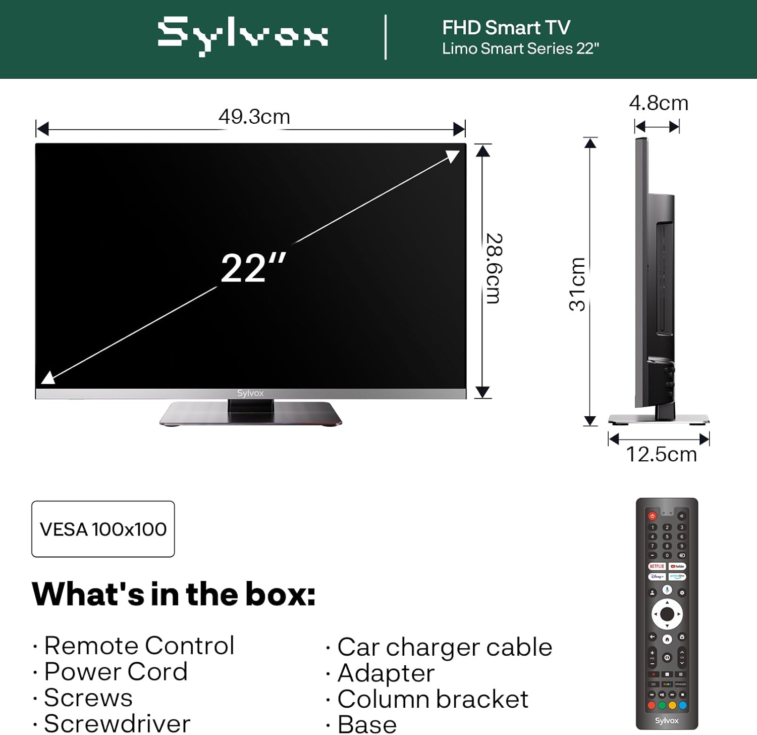 Diagramm eines 22-Zoll-Smart-TVs mit Maßen und Zubehör.