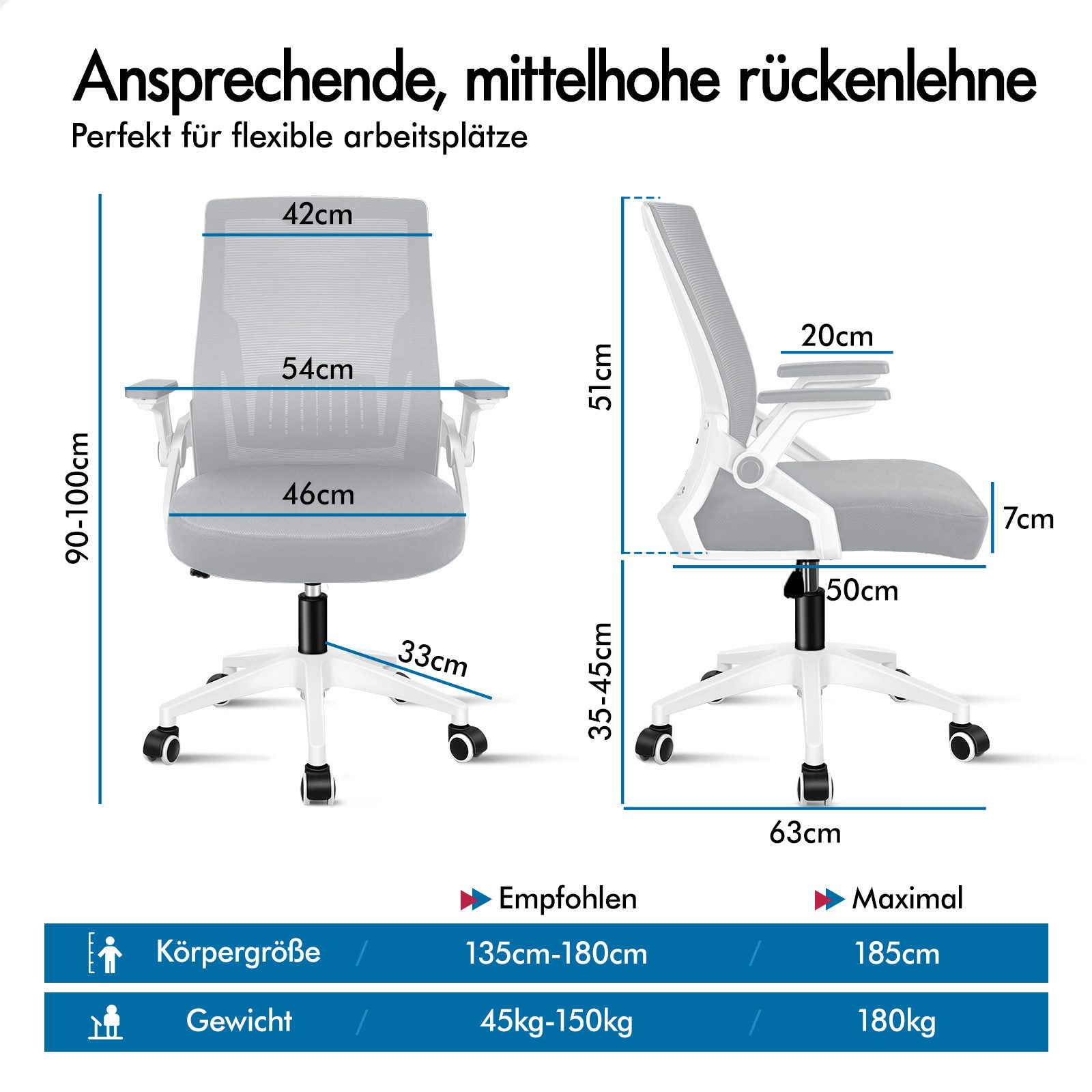 Bürostuhl mit Maßen und Gewichtsangaben. Mittelhohe Rückenlehne.